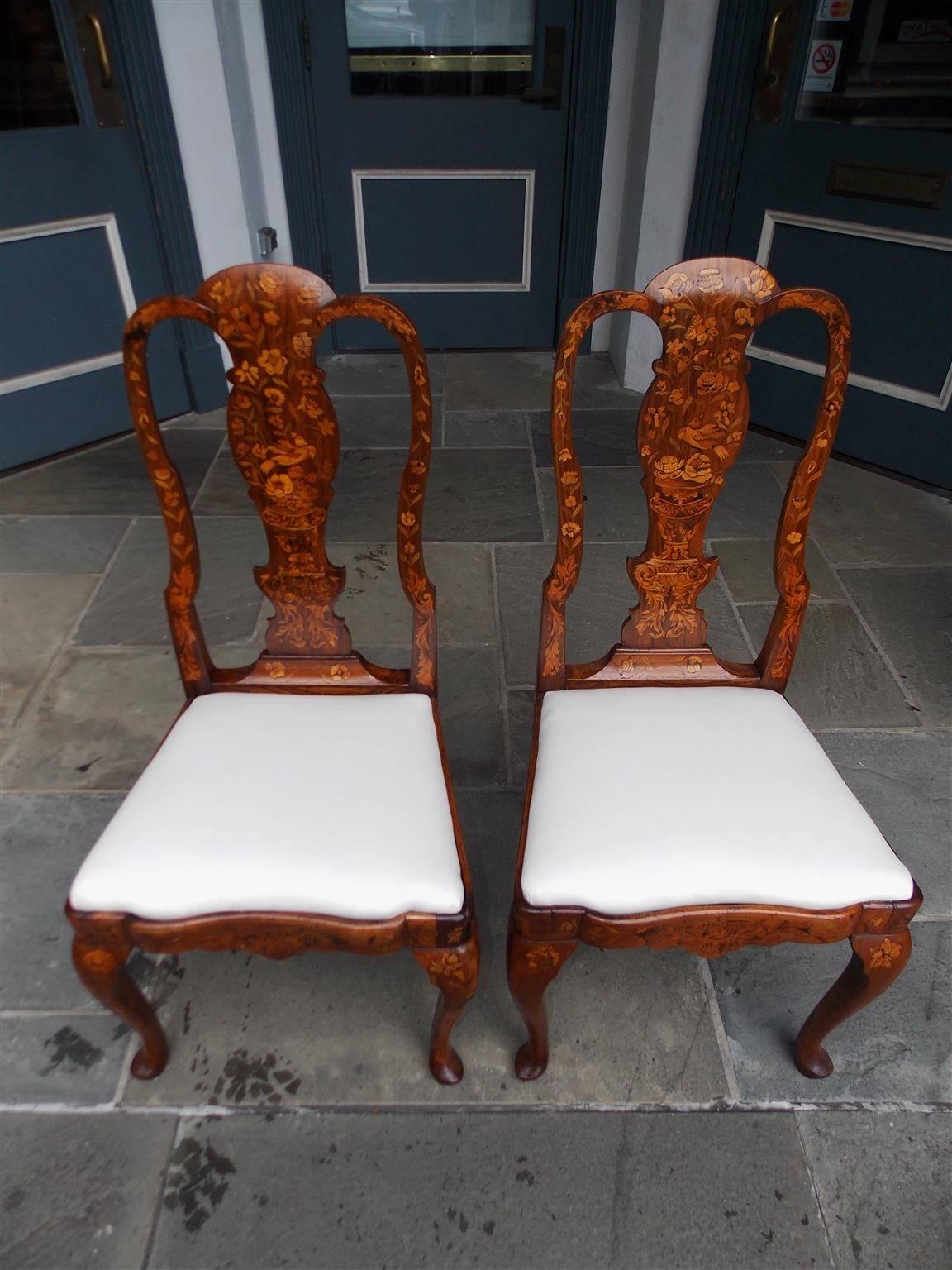 Pair of English Queen Anne Walnut Marquetry Upholstered Side Chairs, Circa 1740 In Excellent Condition In Charleston, SC