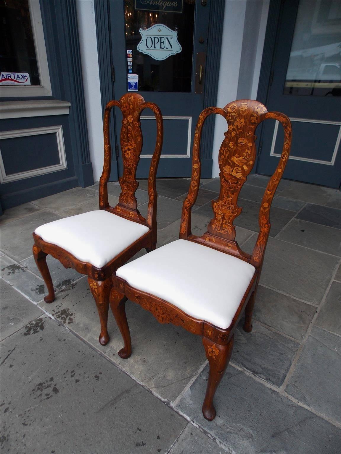 Mid-18th Century Pair of English Queen Anne Walnut Marquetry Upholstered Side Chairs, Circa 1740