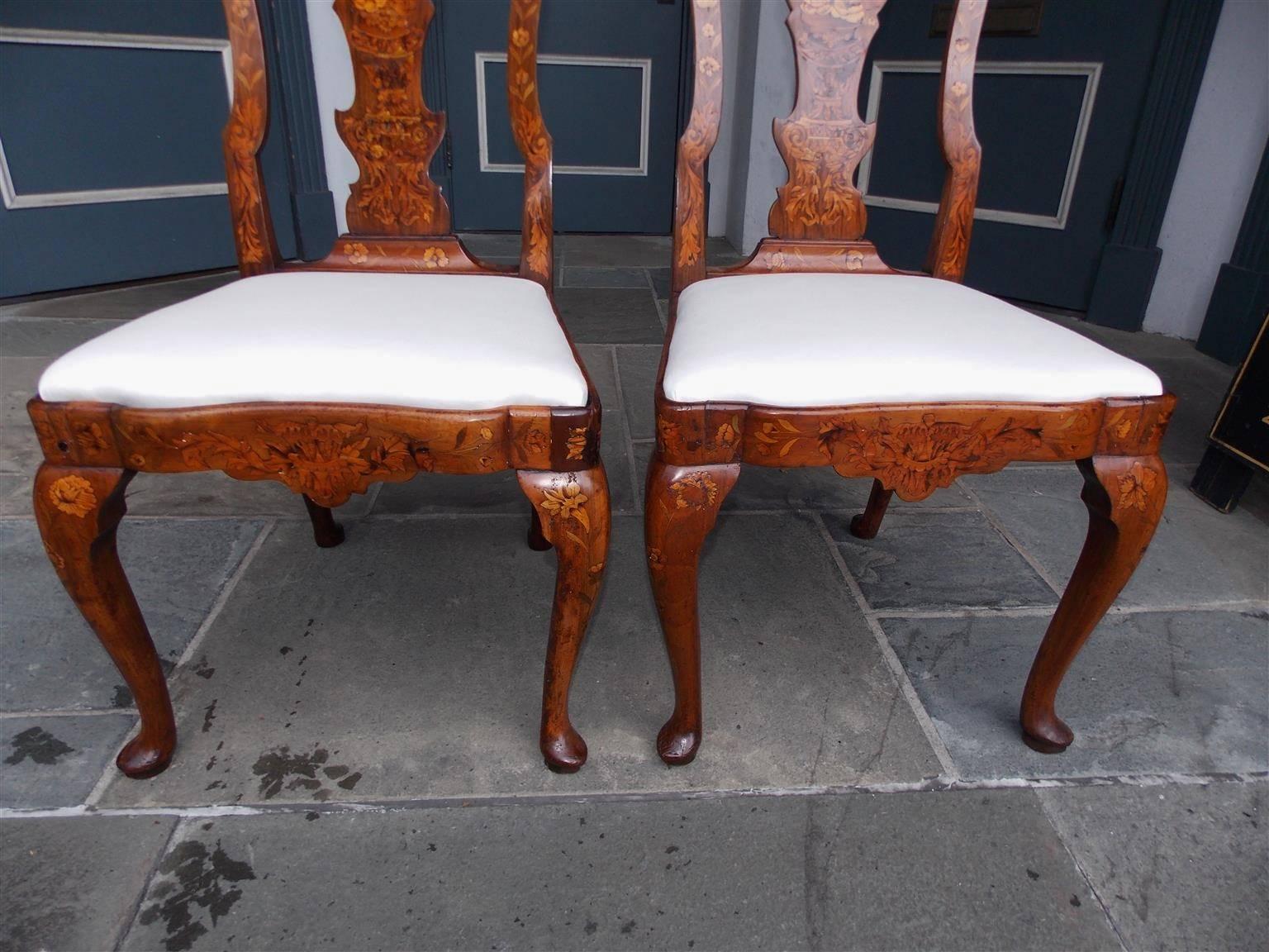 Pair of English Queen Anne Walnut Marquetry Upholstered Side Chairs, Circa 1740 1