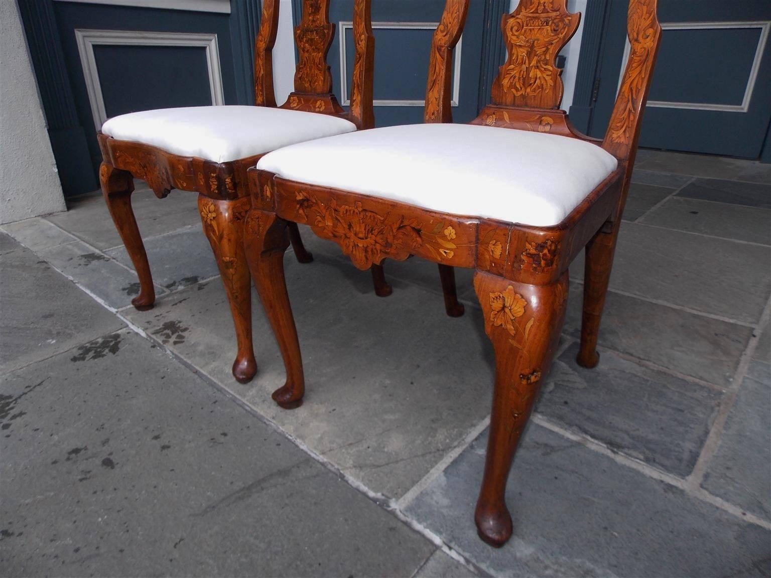 Pair of English Queen Anne Walnut Marquetry Upholstered Side Chairs, Circa 1740 3