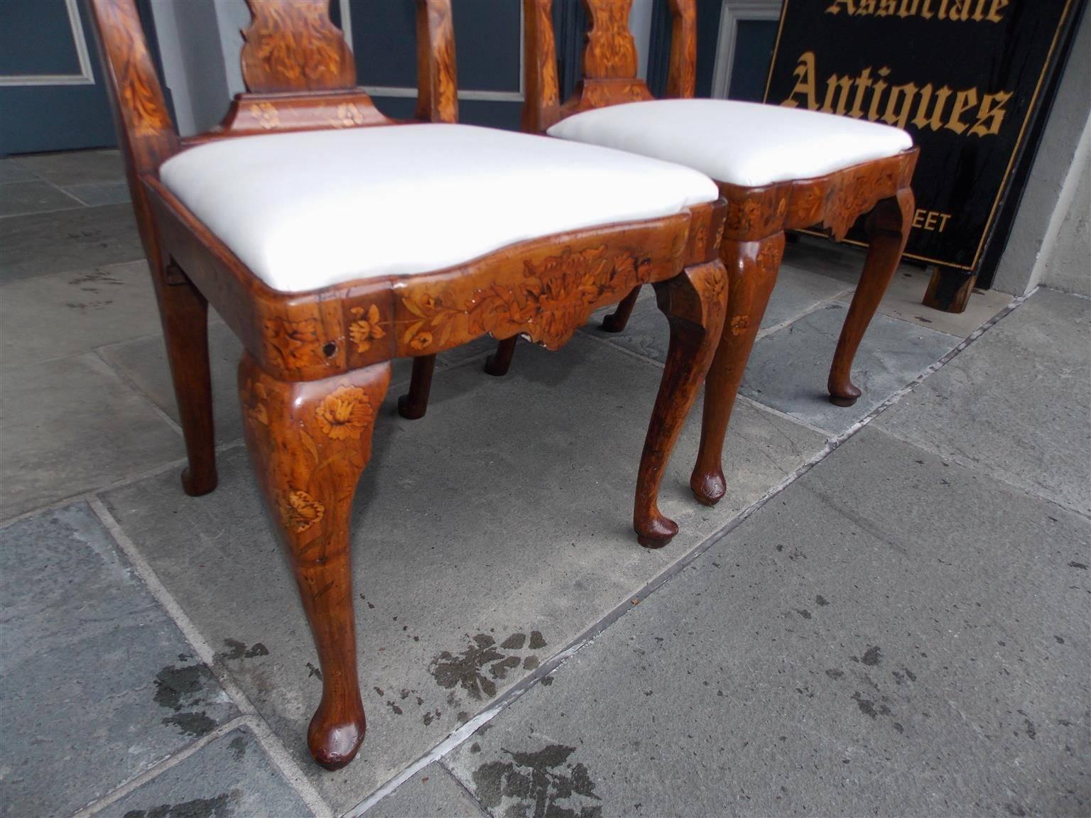 Pair of English Queen Anne Walnut Marquetry Upholstered Side Chairs, Circa 1740 2