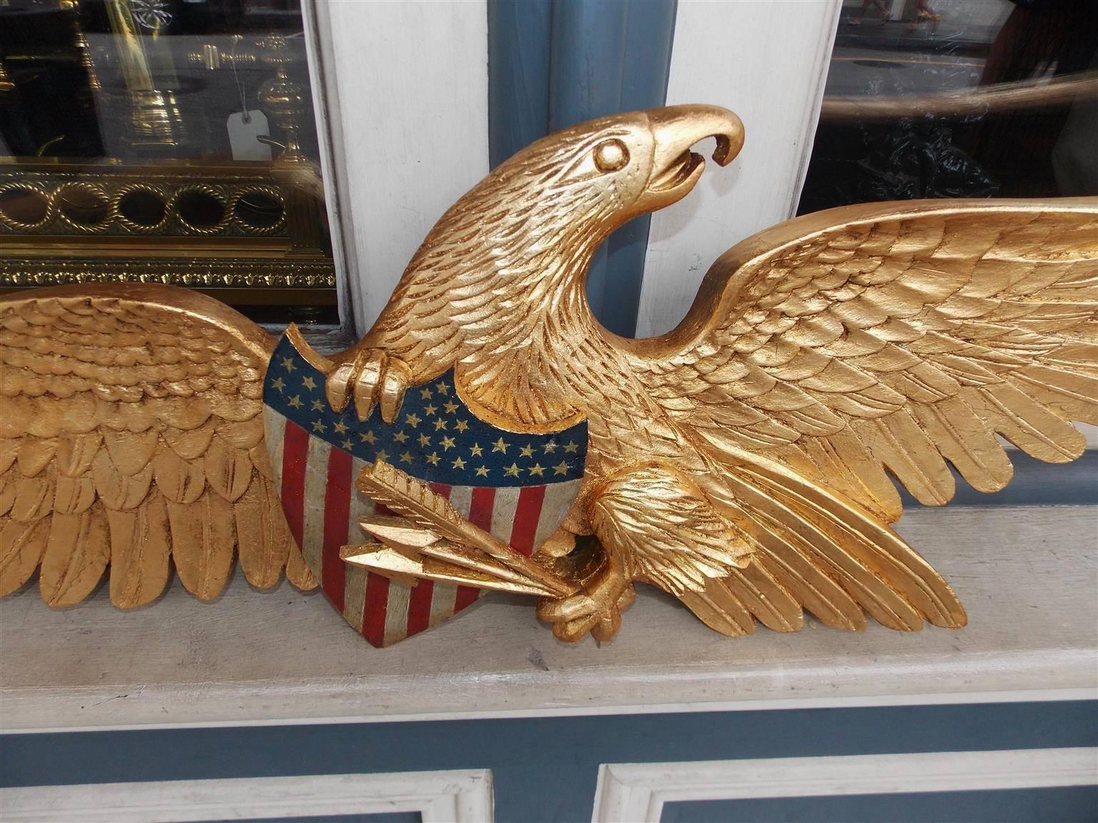 American Gilt Spread Wing Eagle Grasping Patriotic Painted Shield, Circa 1850 In Excellent Condition In Hollywood, SC