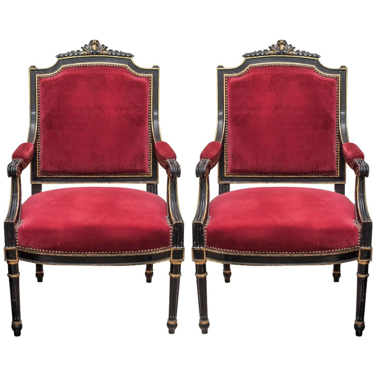 Pair of French Napoleon III Ebonized Armchairs