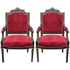 Pair of French Napoleon III Ebonized Armchairs Antique Pair of French Napoleon III Ebonized Armchairs