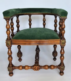 Pair of Barrel Back Jacobean Style Library Chairs with Emerald Green Velvet