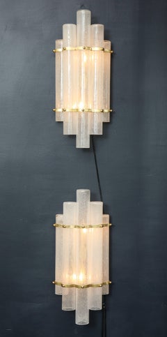 Pair of White Murano Glass Tubes and Brass Sconces, Italy