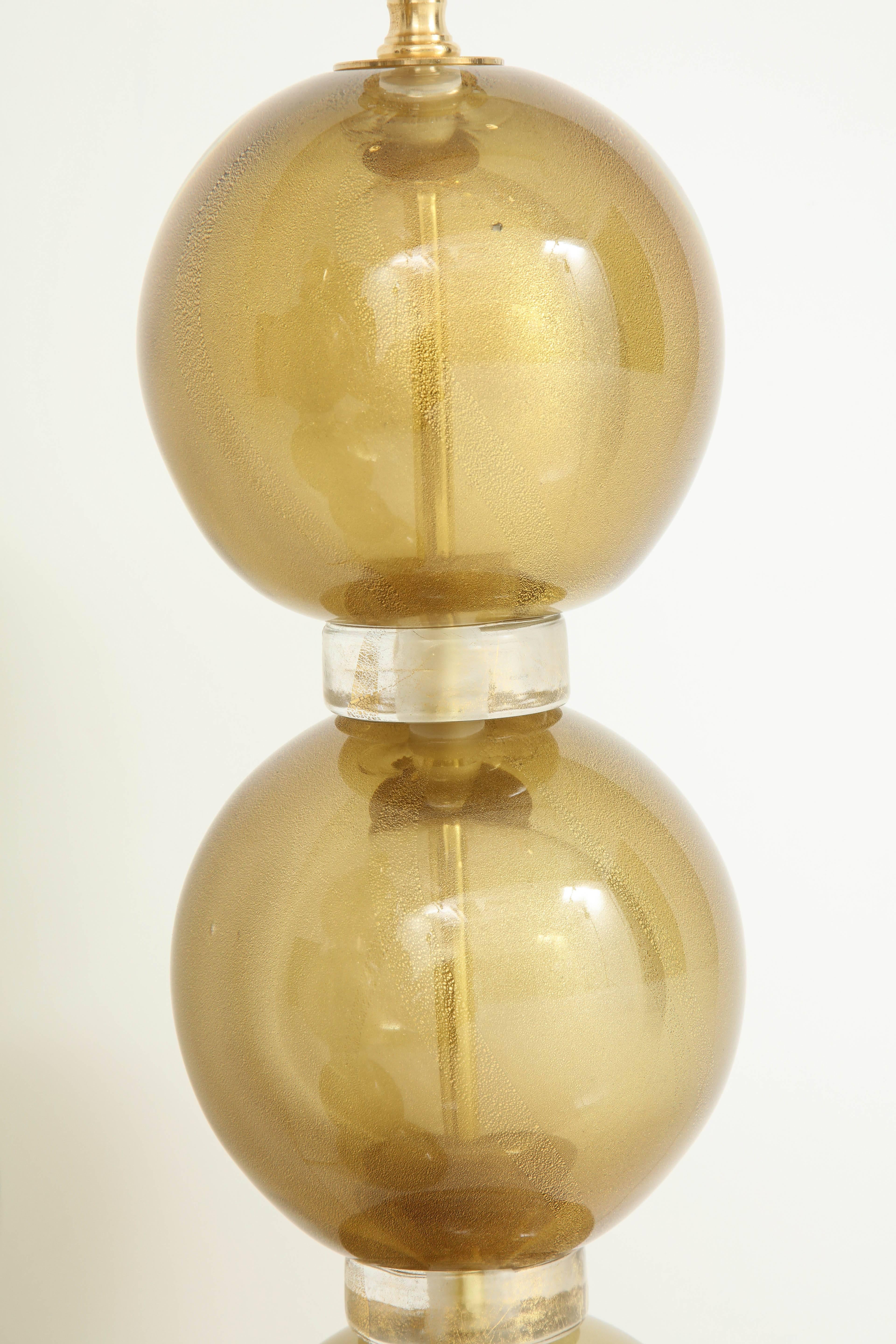 Large Pair of 23k Gold Infused Sphere Murano Glass Lamps, Italy For Sale 1