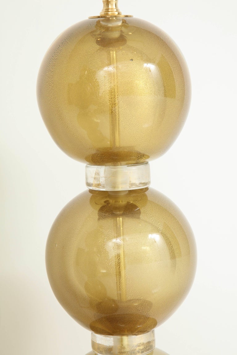 Large Pair of 23k Gold Infused Sphere Murano Glass Lamps, Italy For Sale 2