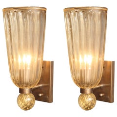 Pair of Italian Gold Infused Murano Glass and Brass Sconces