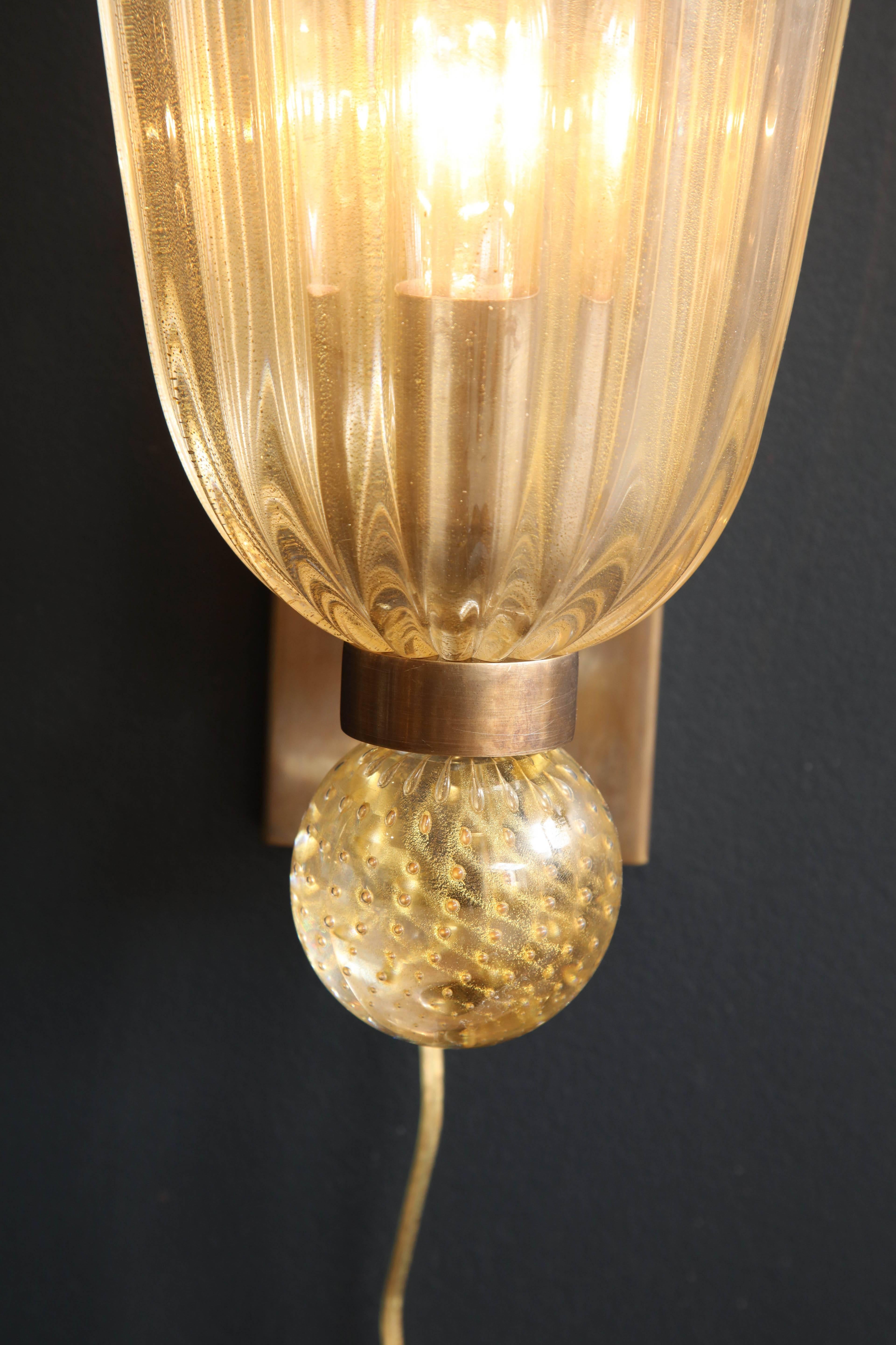 Mid-Century Modern Pair of Italian Gold Infused Murano Glass and Brass Sconces