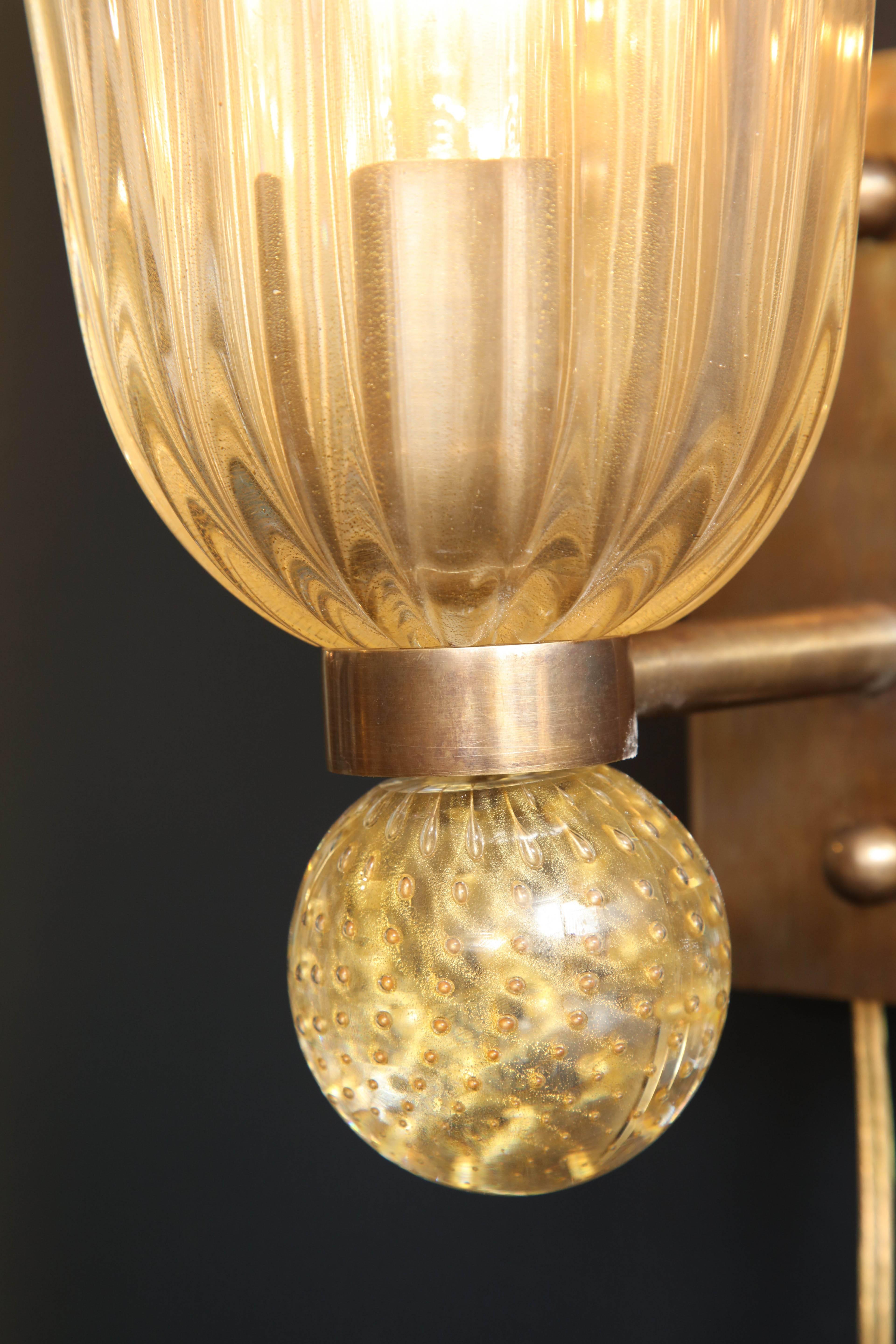 Hand-Crafted Pair of Italian Gold Infused Murano Glass and Brass Sconces