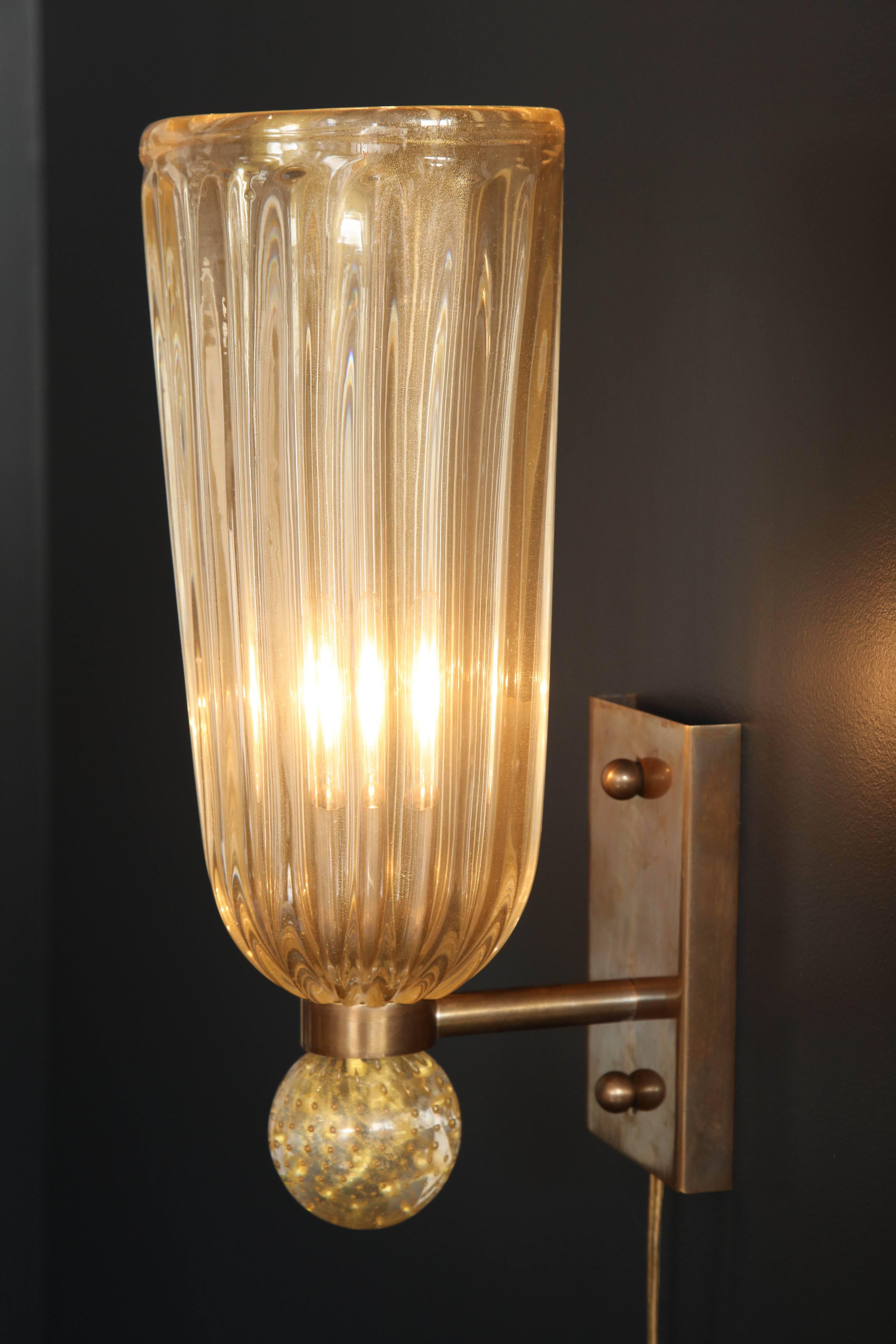 Pair of Italian Gold Infused Murano Glass and Brass Sconces 1