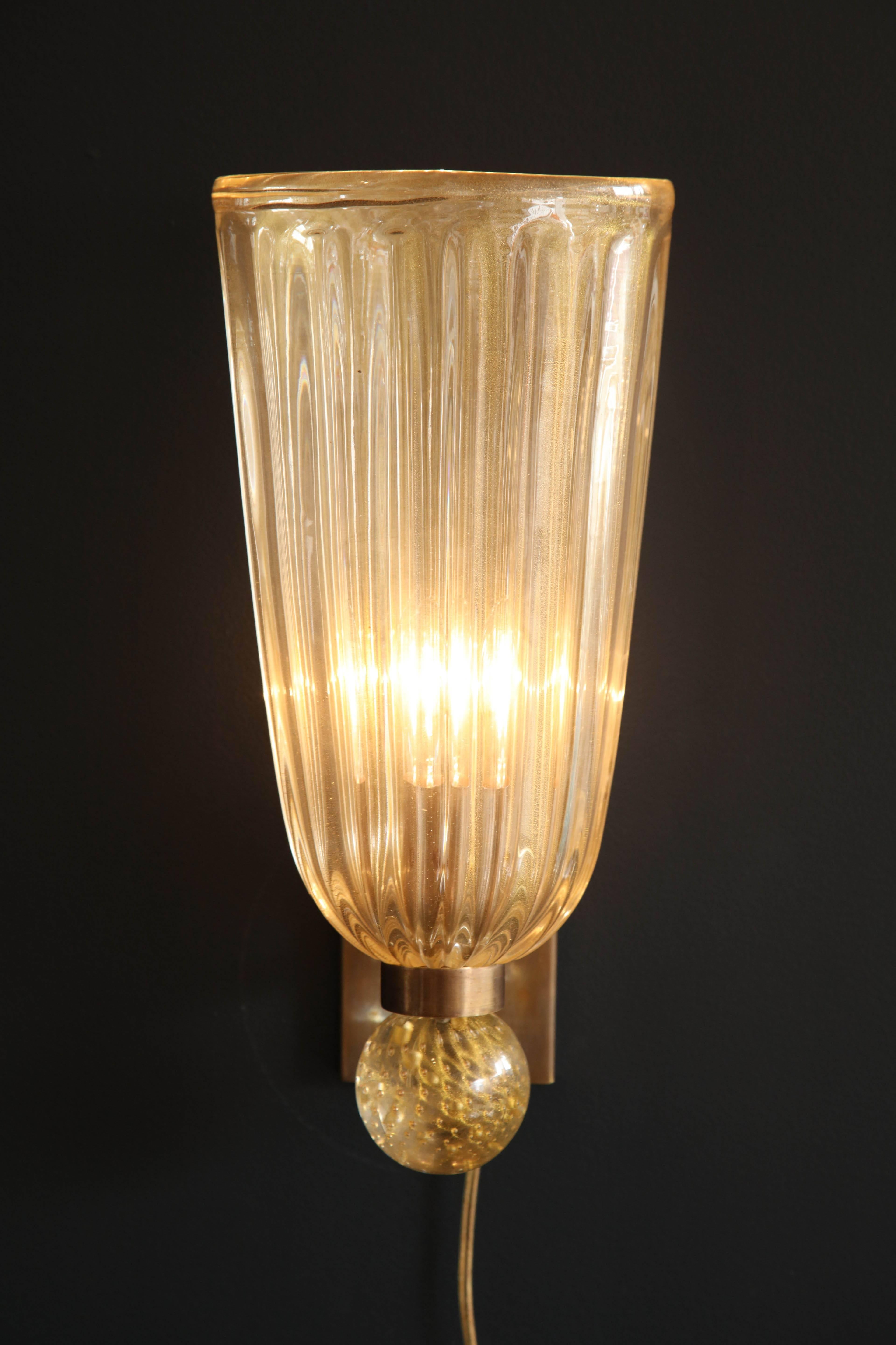 Pair of Italian Gold Infused Murano Glass and Brass Sconces 2
