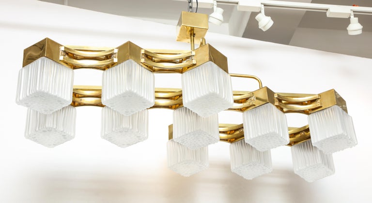 Midcentury Style Linnear Brass and White Murano Square Glass Chandelier, Italy For Sale 2