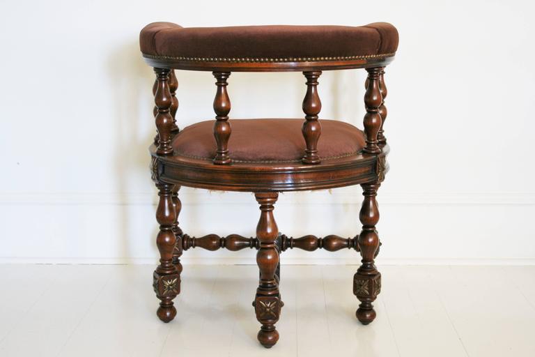 Pair of Barrel Back Jacobean Style Oak Armchairs with Chocolate Velvet