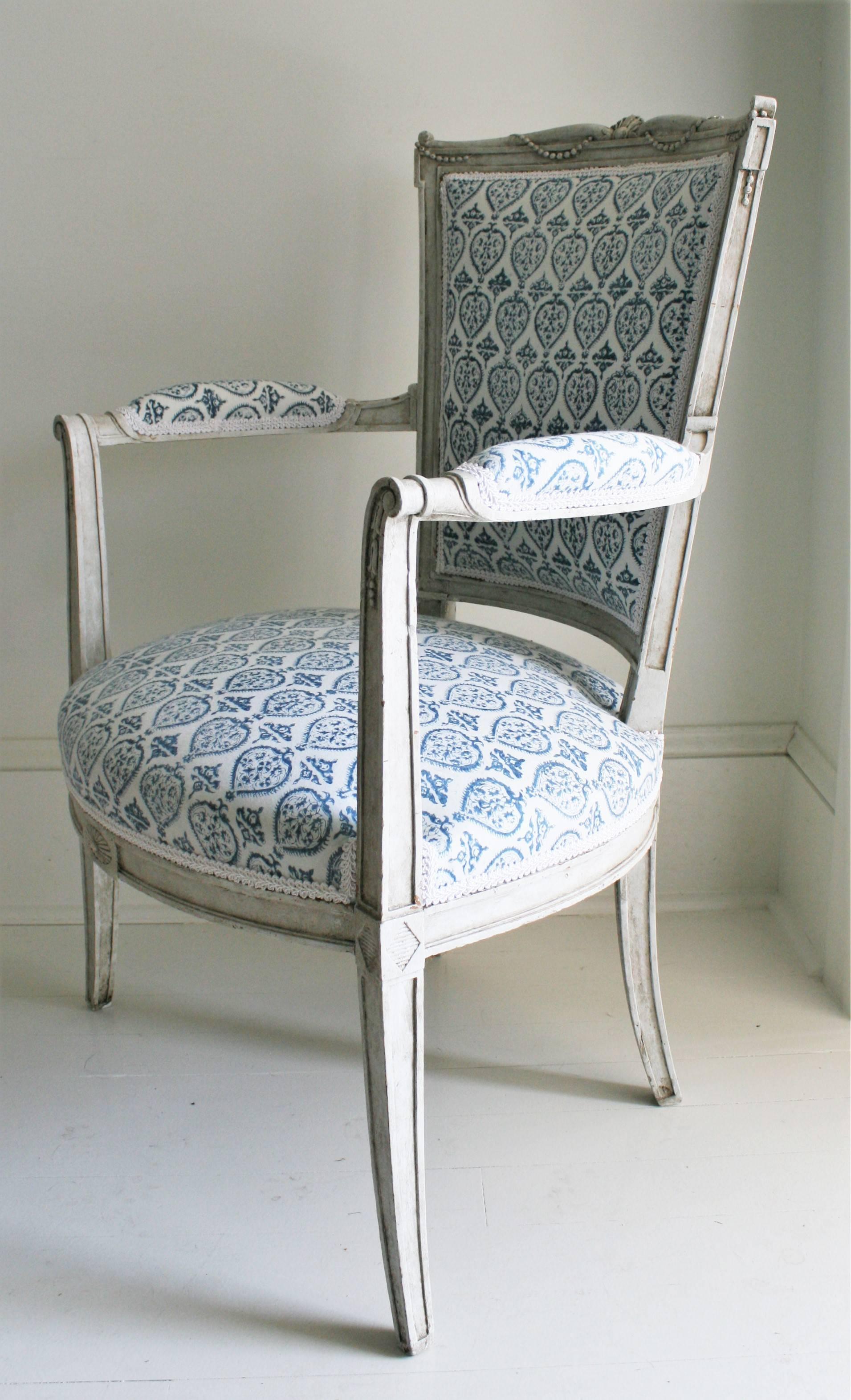 Late 19th Century French Empire Style Painted Armchair in French-Indie Fabric 5