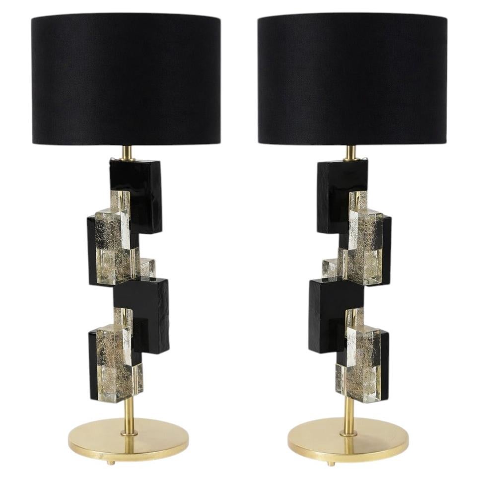 Paar Murano Glas Tischlampen mit 24K Gold und schwarzen Glasblöcken, Italien