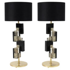 Pair of Murano Glass Table Lamps with 24K Gold and Black Glass Blocks, Italy