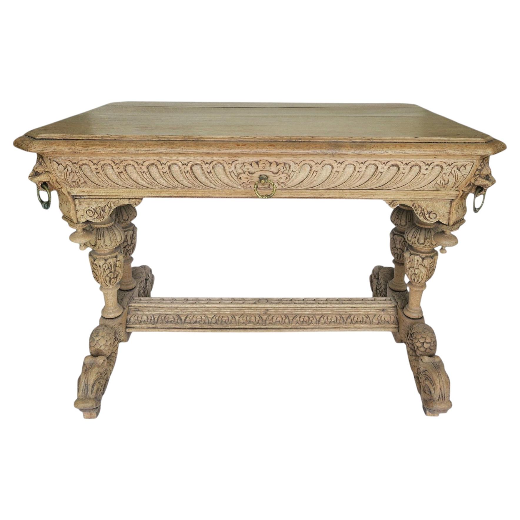 19th c. Renaissance Revival Carved Oak Desk with Lion Mask Pulls, Bleached