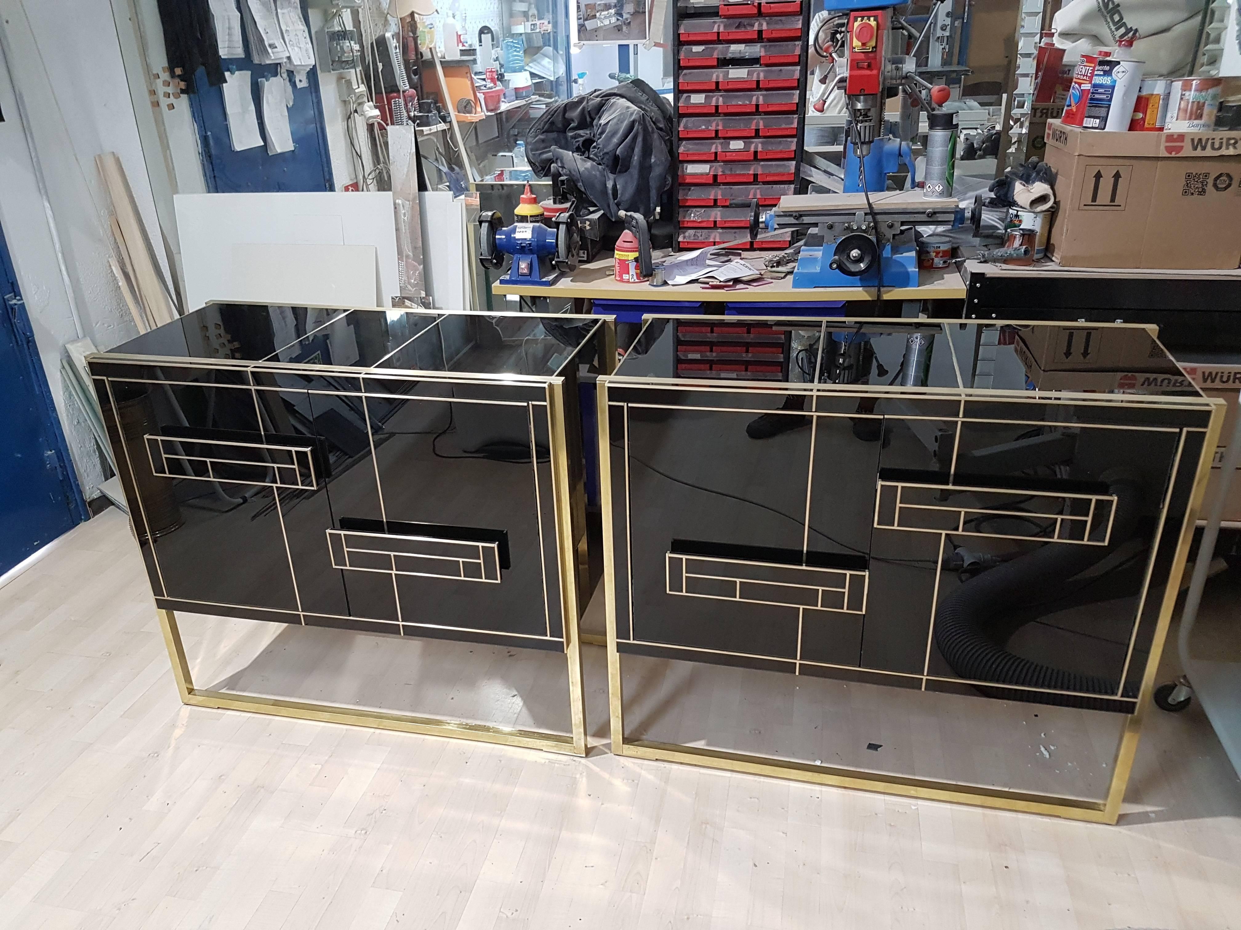 One of a Kind Signed Pair of Black Glass and Brass Cabinets 2