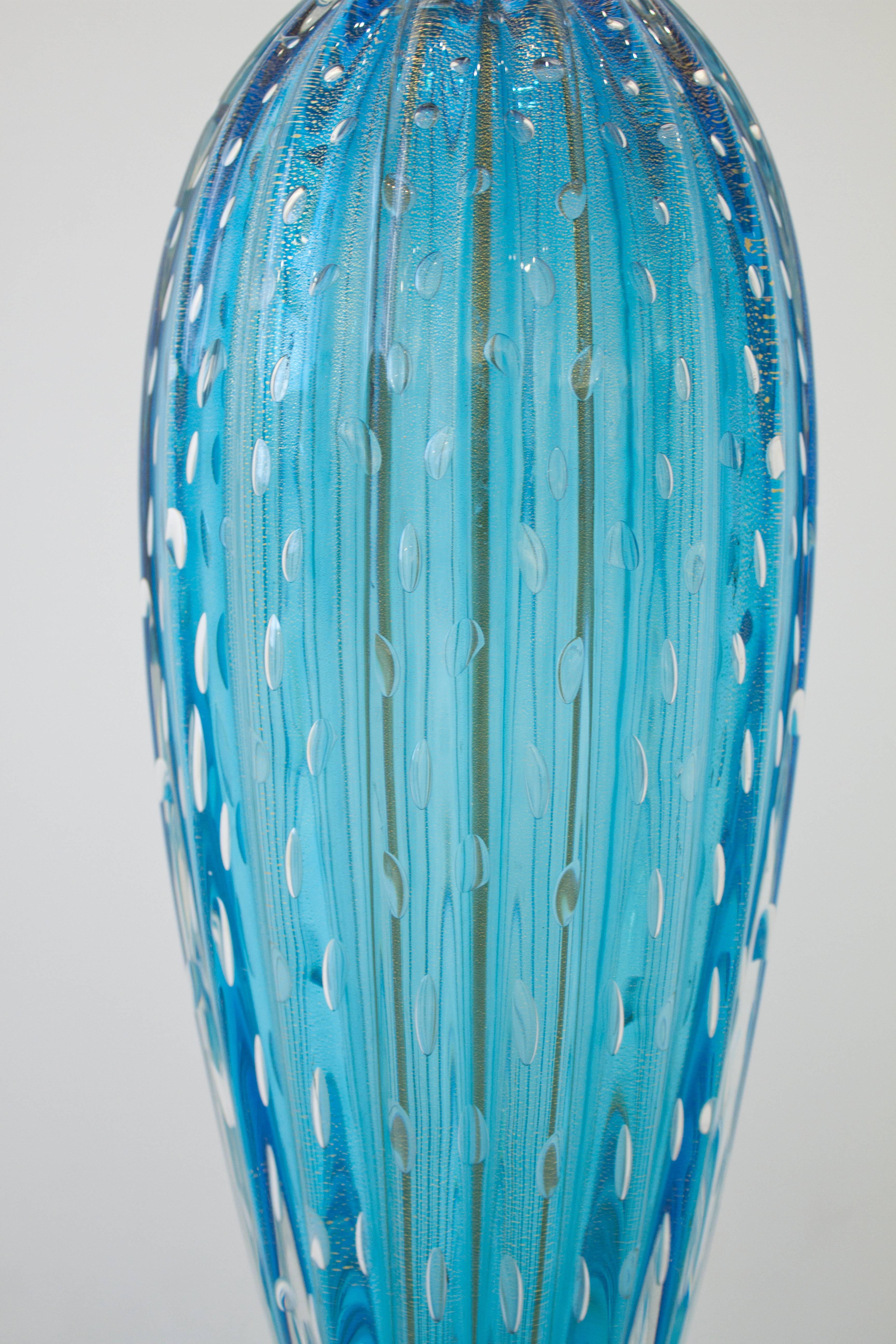Italian Pair of Aquamarine Blue or Blue Topaz Murano Glass Lamps, Italy, Signed