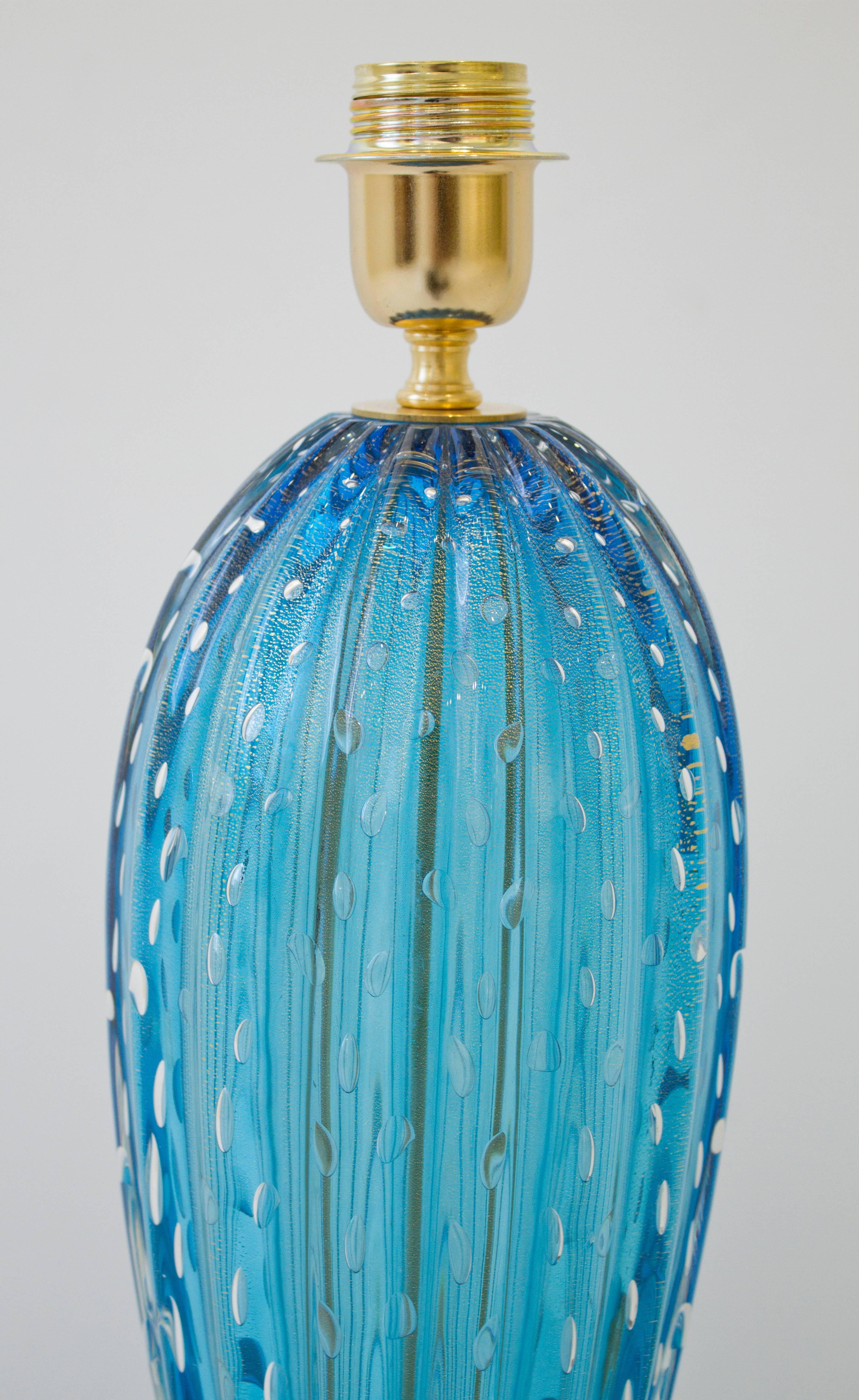 Pair of Aquamarine Blue or Blue Topaz Murano Glass Lamps, Italy, Signed In New Condition In New York, NY