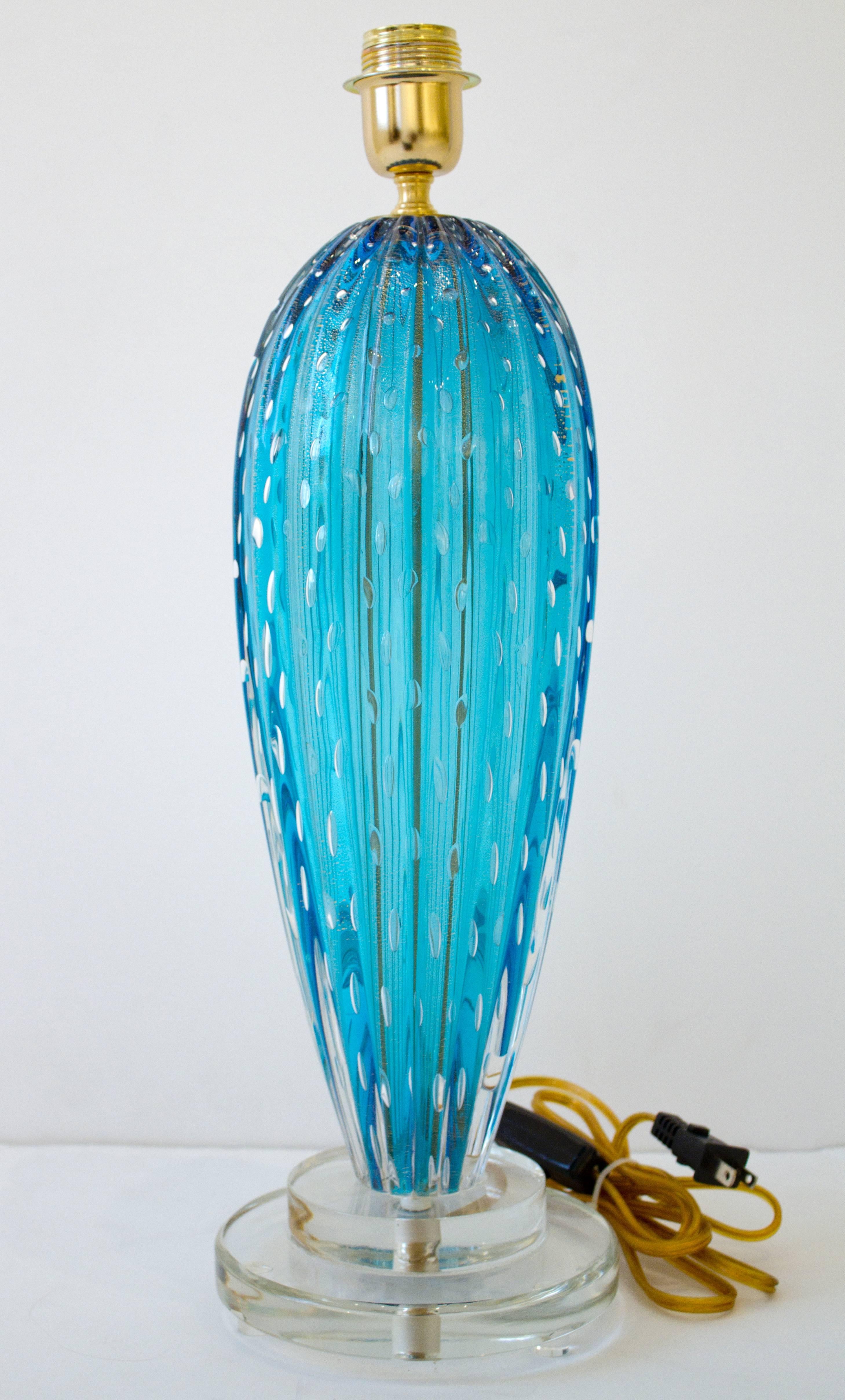 Pair of Aquamarine Blue or Blue Topaz Murano Glass Lamps, Italy, Signed 2