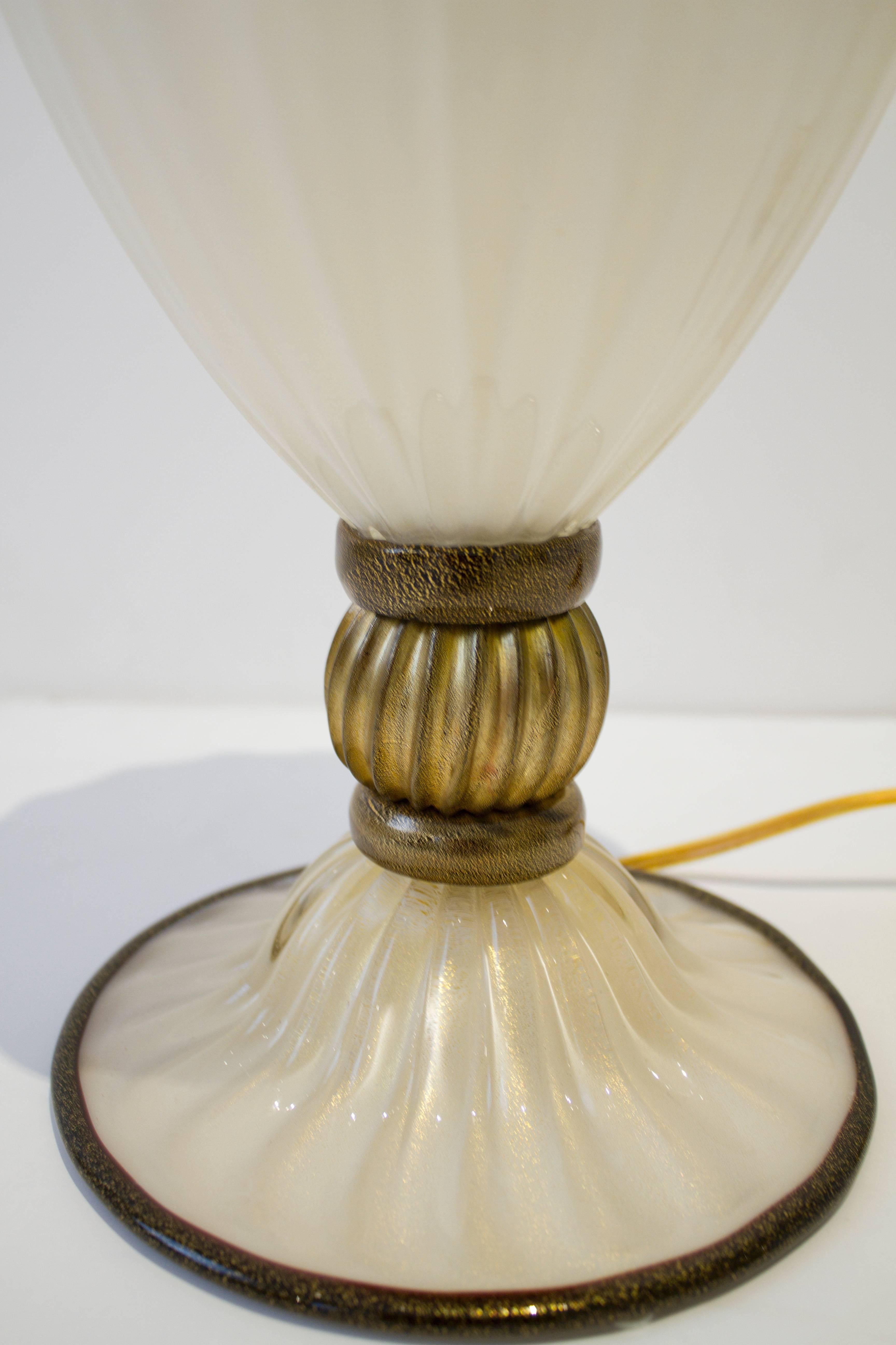 Italian Pair of Hand Blown Ivory and Bronze/Gold Murano Glass Lamps, Italy, Signed