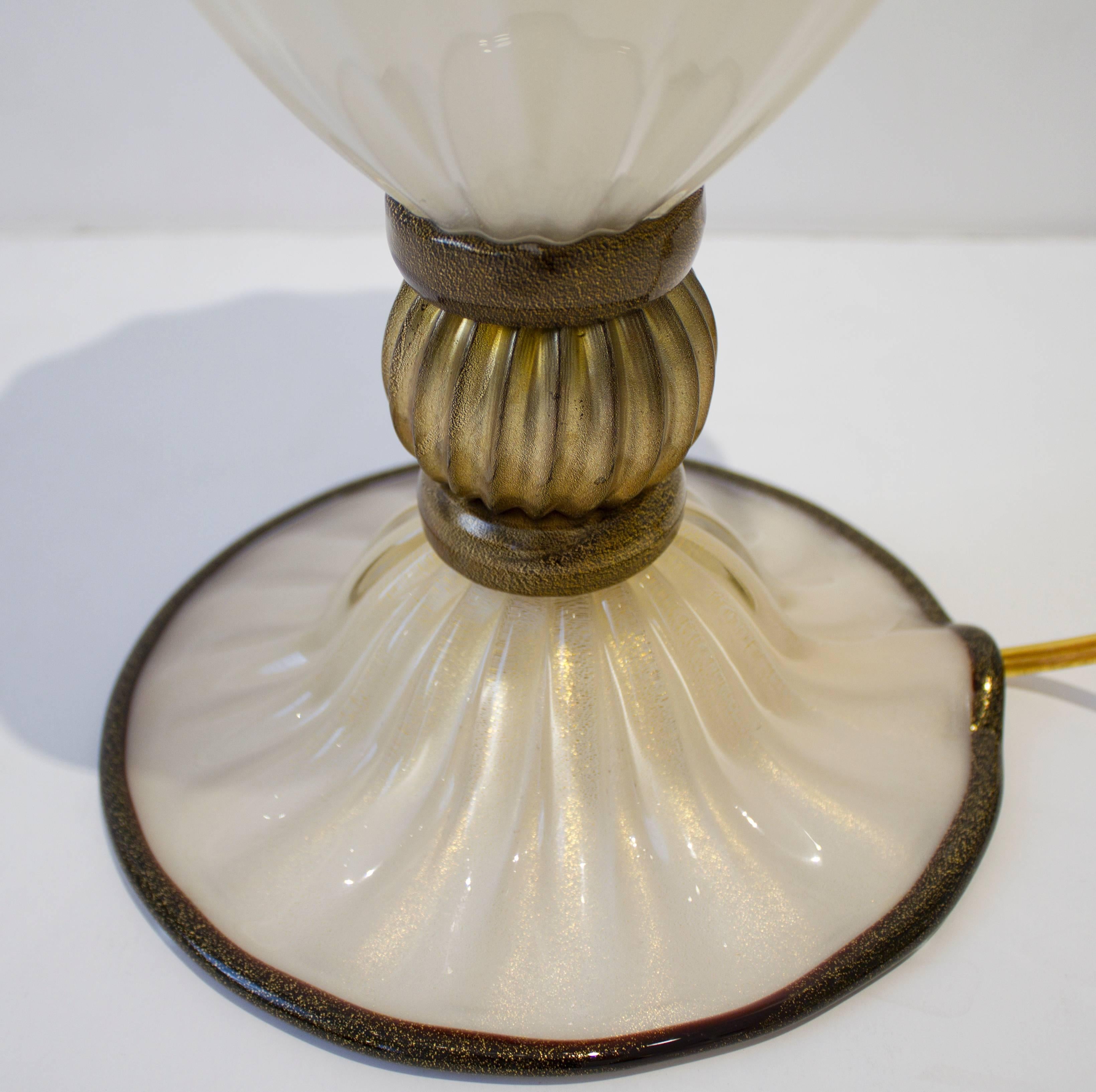 Pair of Hand Blown Ivory and Bronze/Gold Murano Glass Lamps, Italy, Signed 2