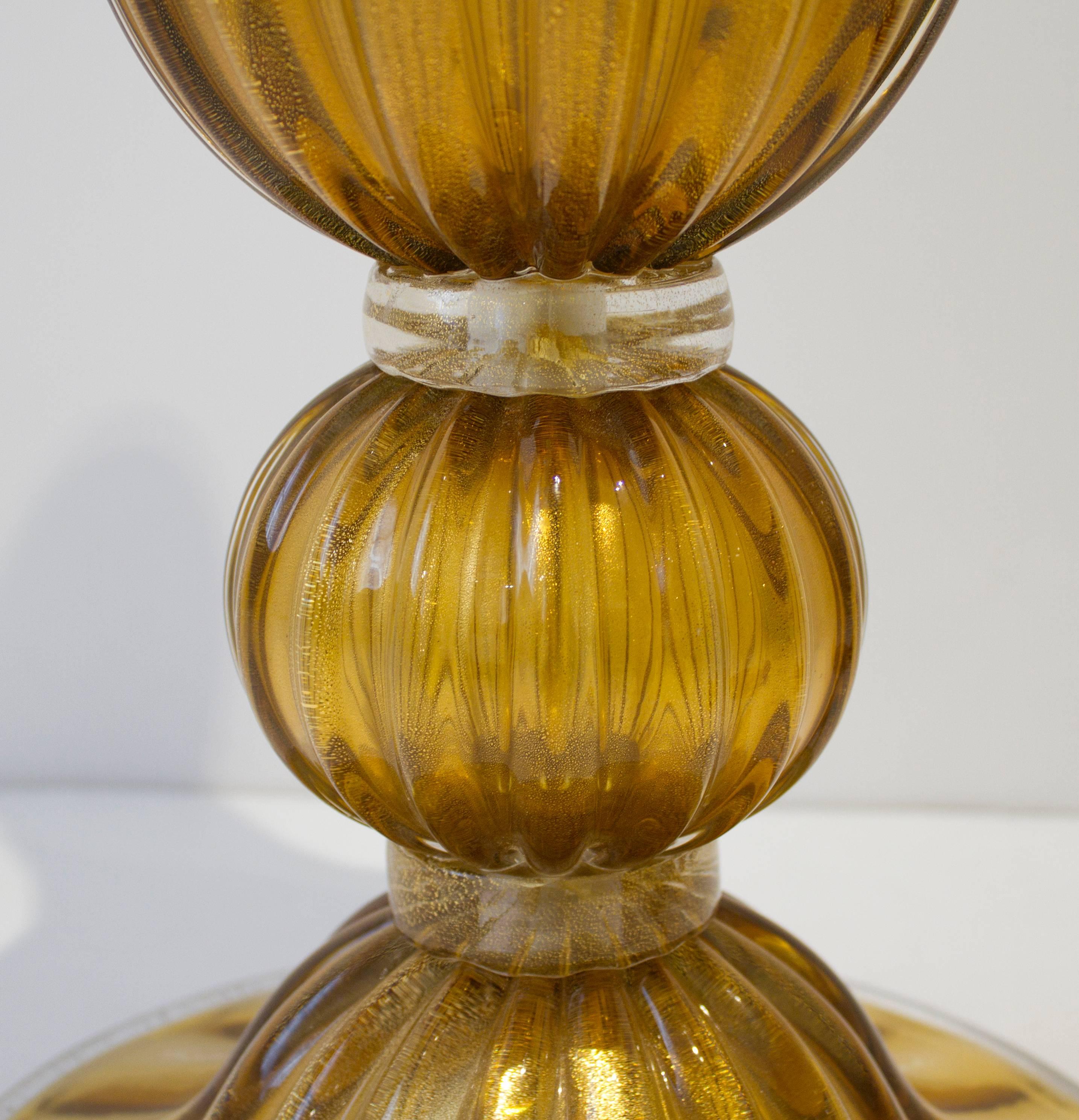 Large Pair of Handblown Italian Bronze and Gold Murano Glass Lamps In Excellent Condition In New York, NY