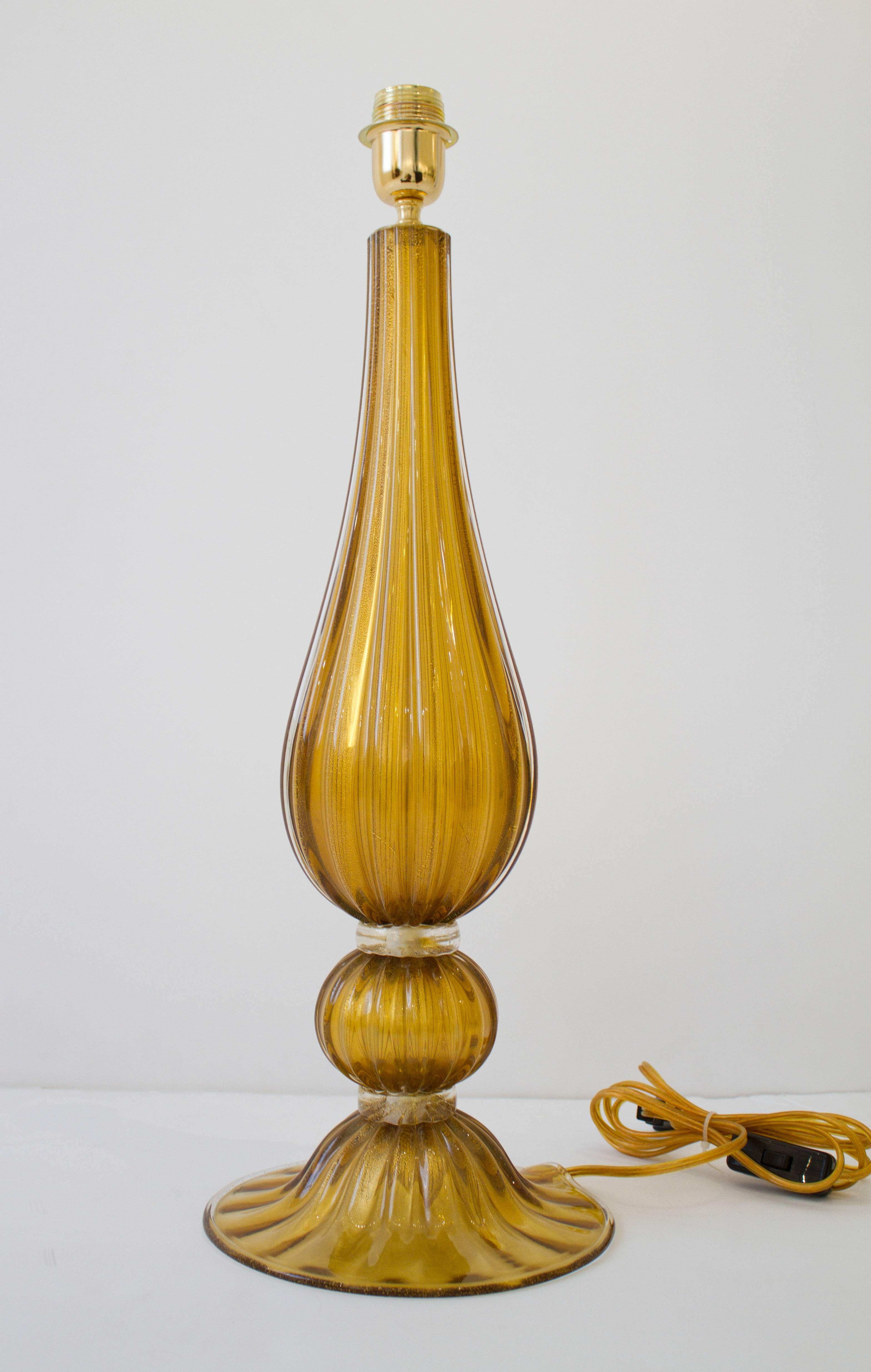 Large Pair of Handblown Italian Bronze and Gold Murano Glass Lamps 3