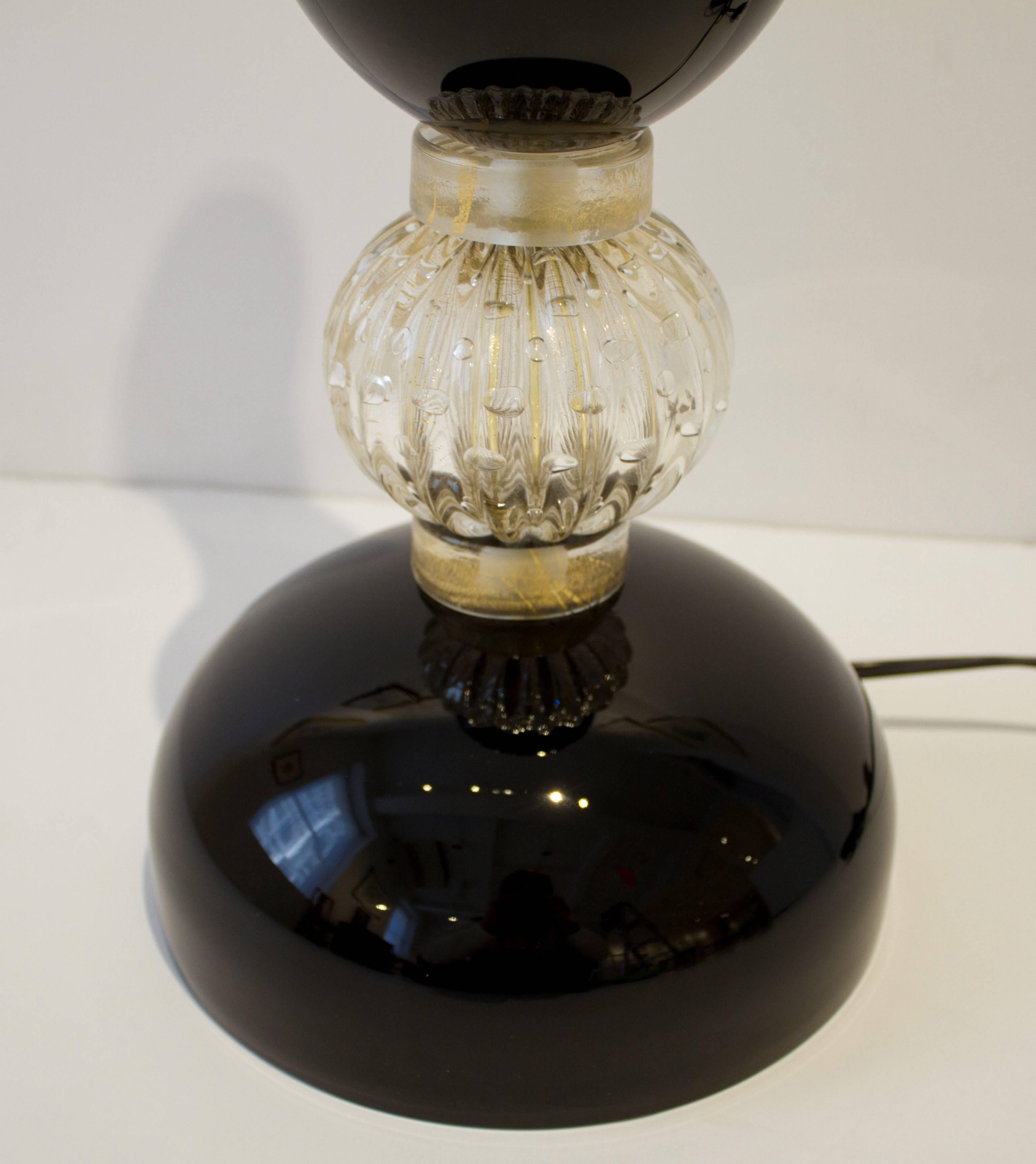 Italian Large Pair of Black and Gold Murano Glass Lamps, Italy, Signed For Sale
