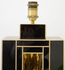 Pair of Signed Geometric Black and Gold Glass with Brass Inlays Lamps, Spain