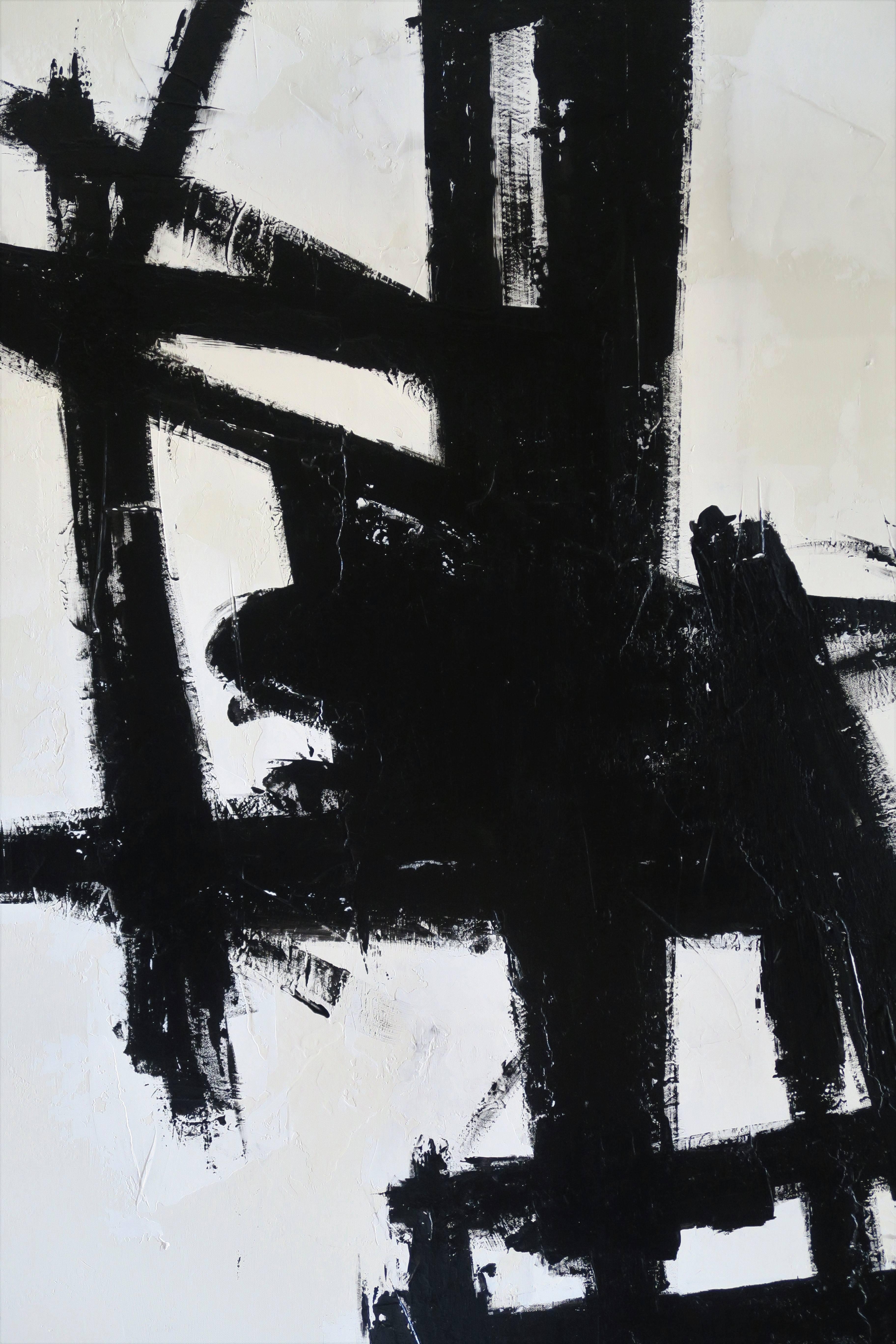 Entitled "True Grit." Original acrylic on stretched canvas abstract black and white painting by Argentine born artist Karina Gentinetta (featured in the April 2015 issue of Elle Decor, the New York Times and More Magazine). Measures: