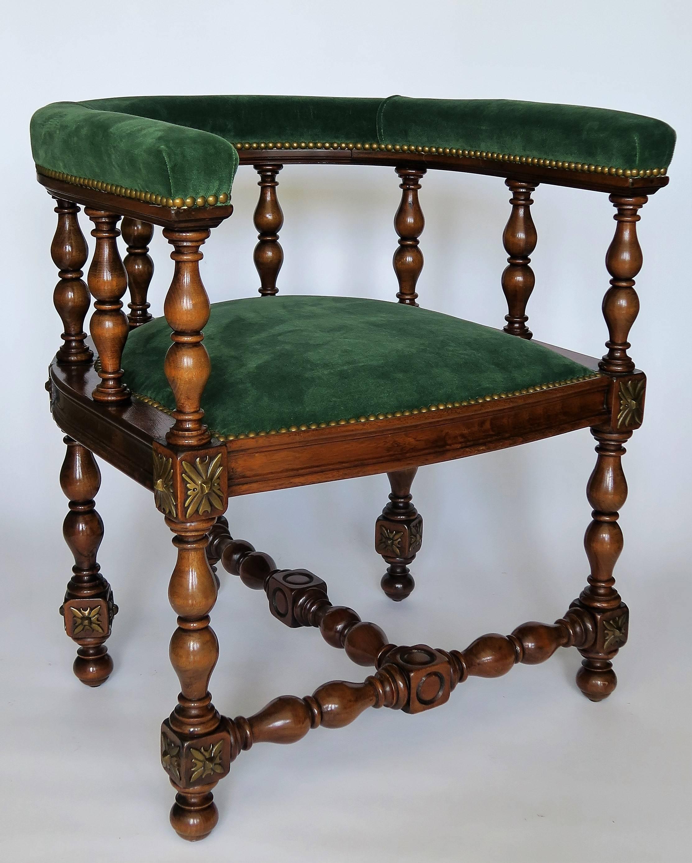 English Pair of Barrel Back Jacobean Style Library Chairs with Emerald Green Velvet