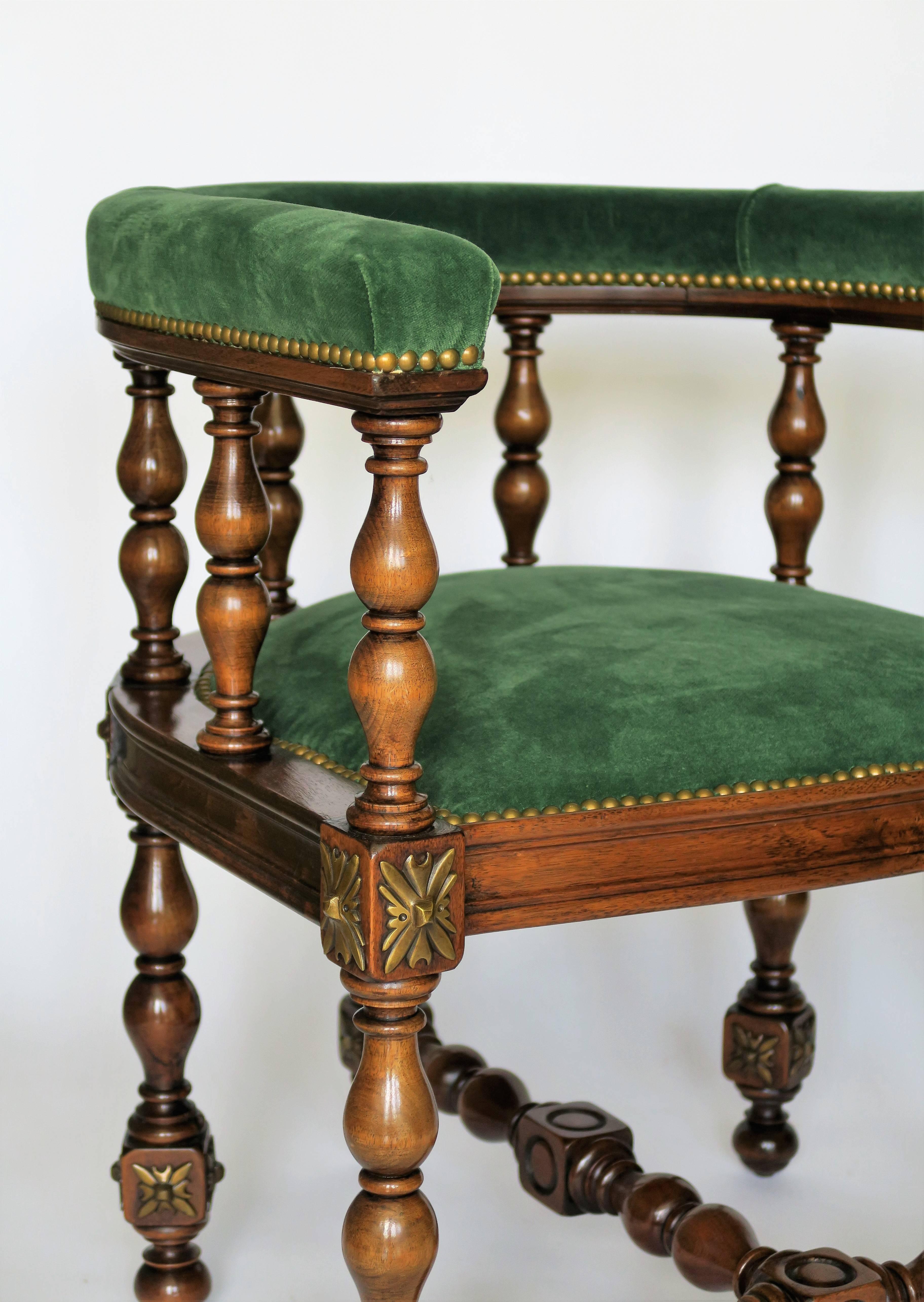 Brass Pair of Barrel Back Jacobean Style Library Chairs with Emerald Green Velvet