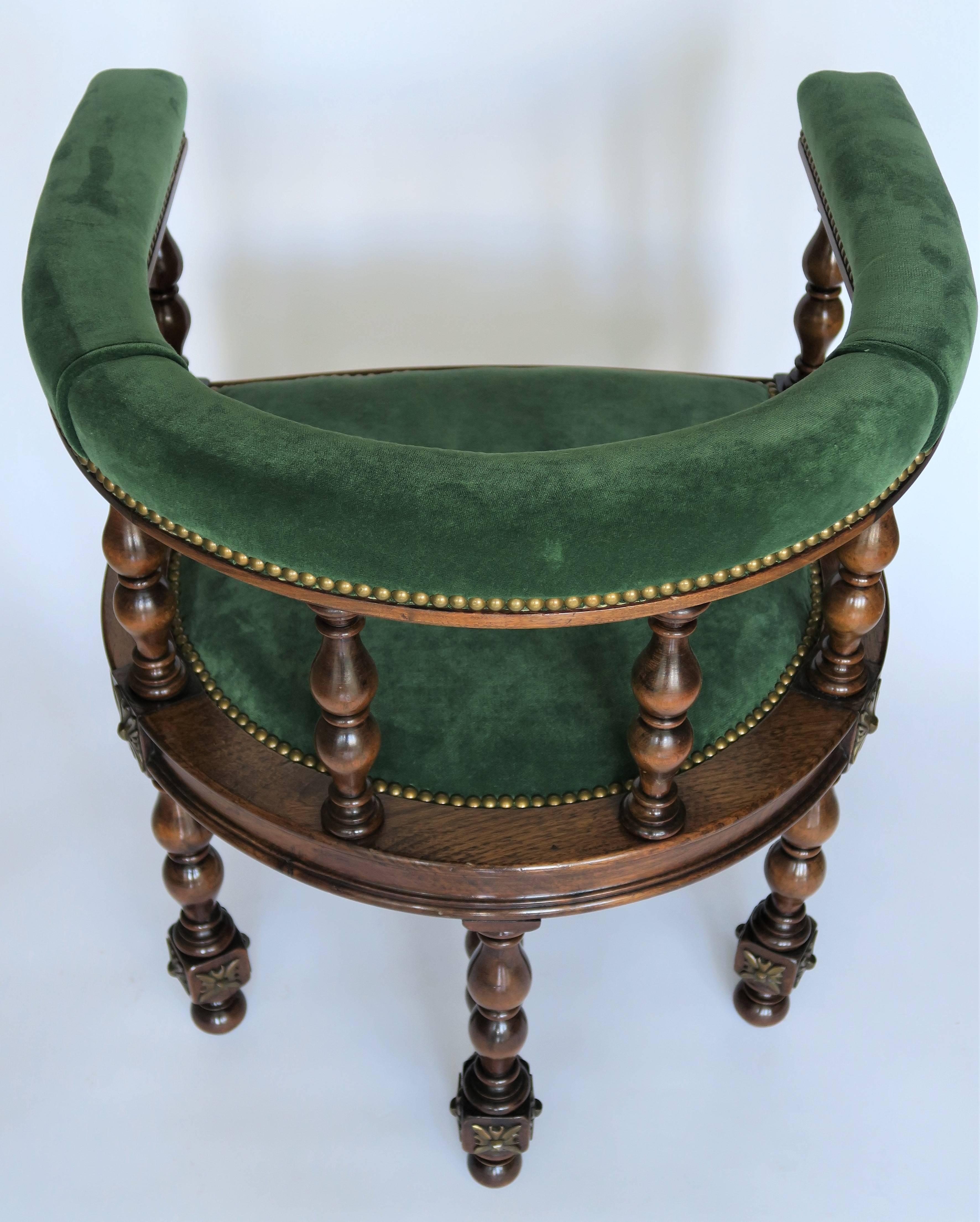 Pair of Barrel Back Jacobean Style Library Chairs with Emerald Green Velvet 3