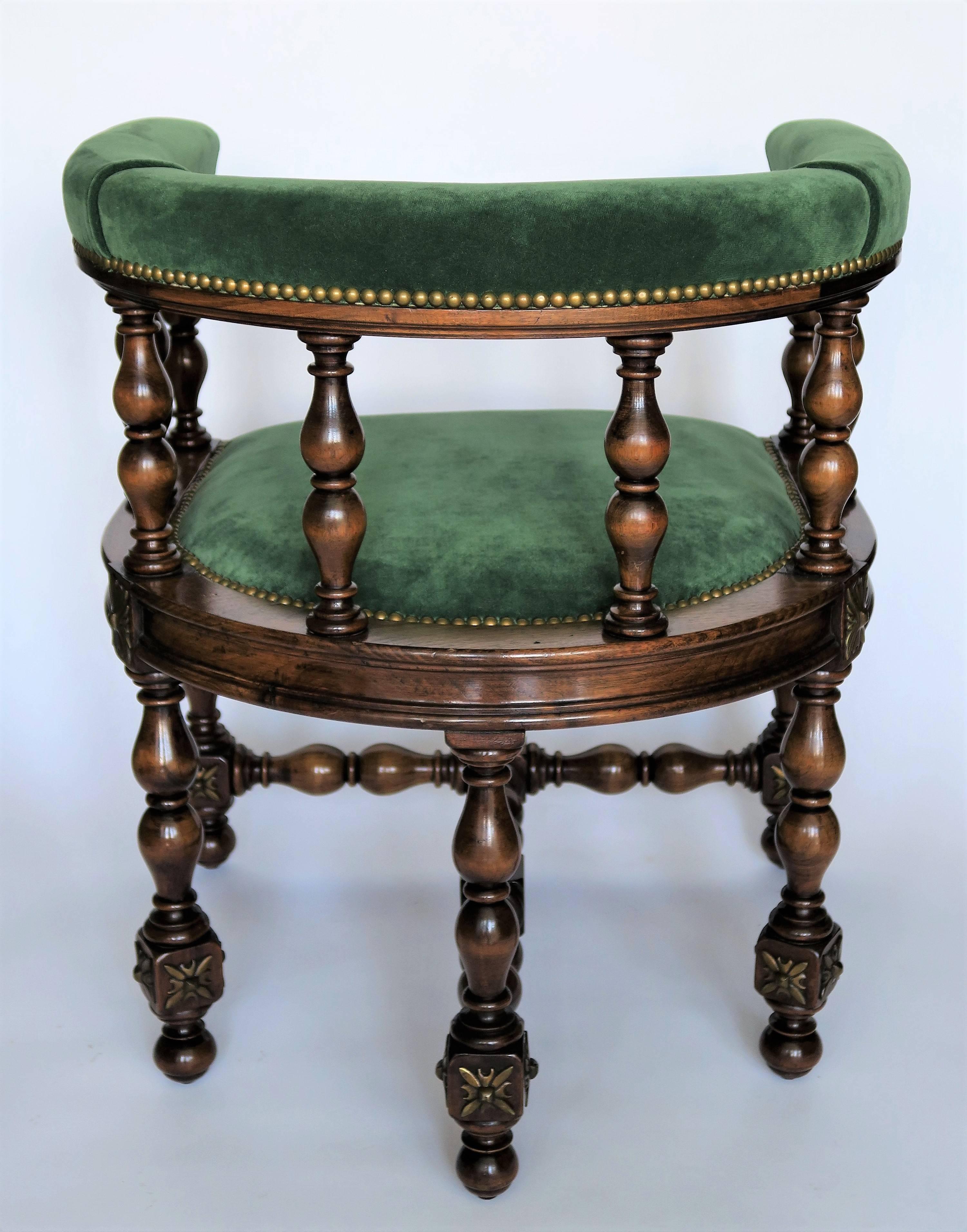 Pair of Barrel Back Jacobean Style Library Chairs with Emerald Green Velvet 4