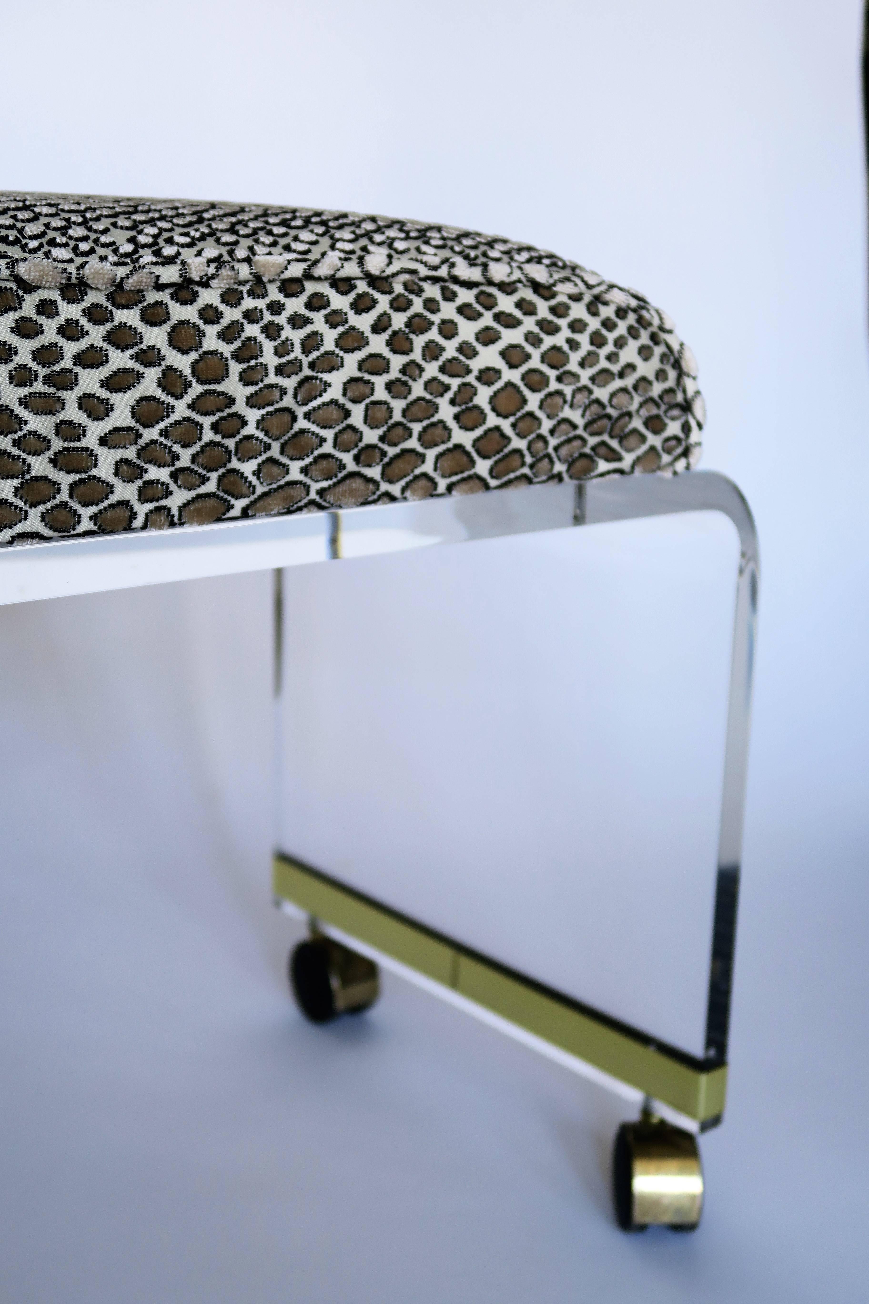 Mid-Century Modern Lucite Stool with Snake Skin Velvet and Brass Casters 3