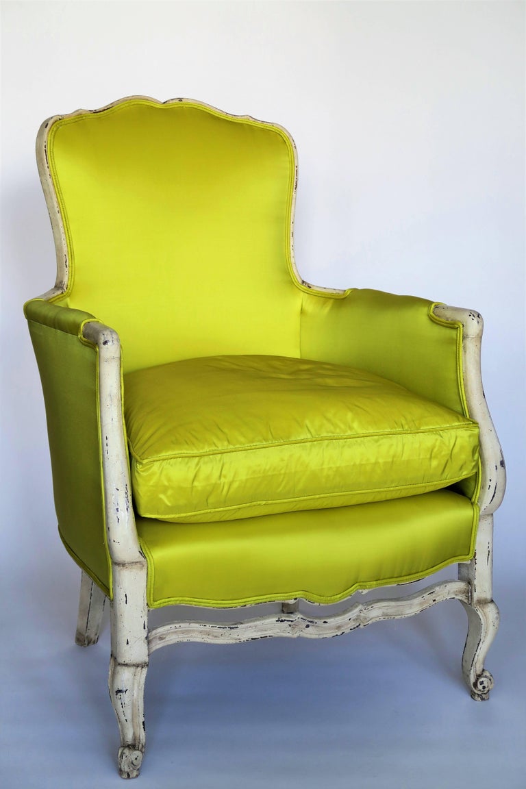 Pair of 19th Century Louis XV French Bergeres Chairs in Chartreuse Silk Fabric at 1stDibs