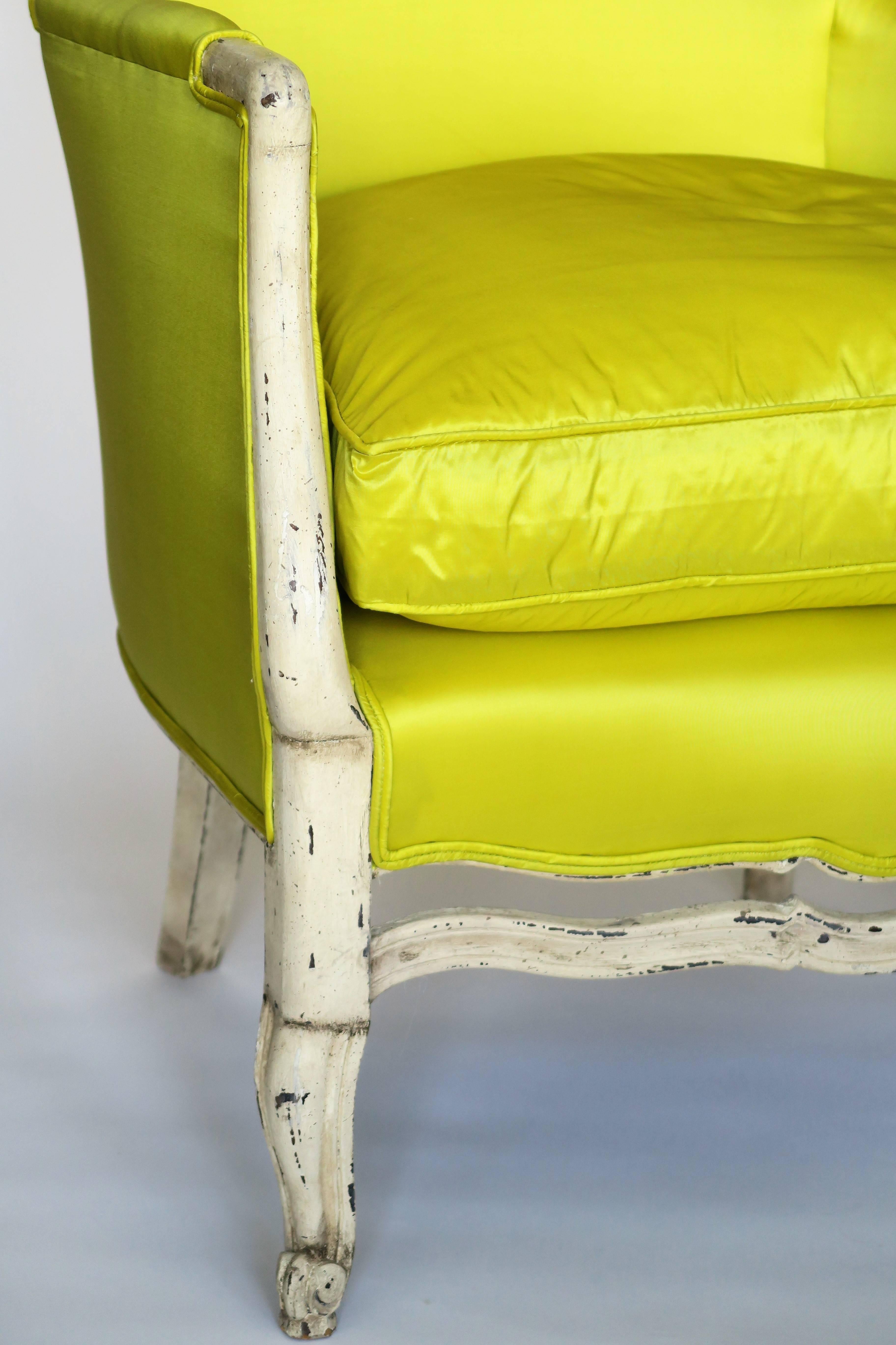 Pair of 19th Century Louis XV French Bergeres Chairs in Chartreuse Silk Fabric 1