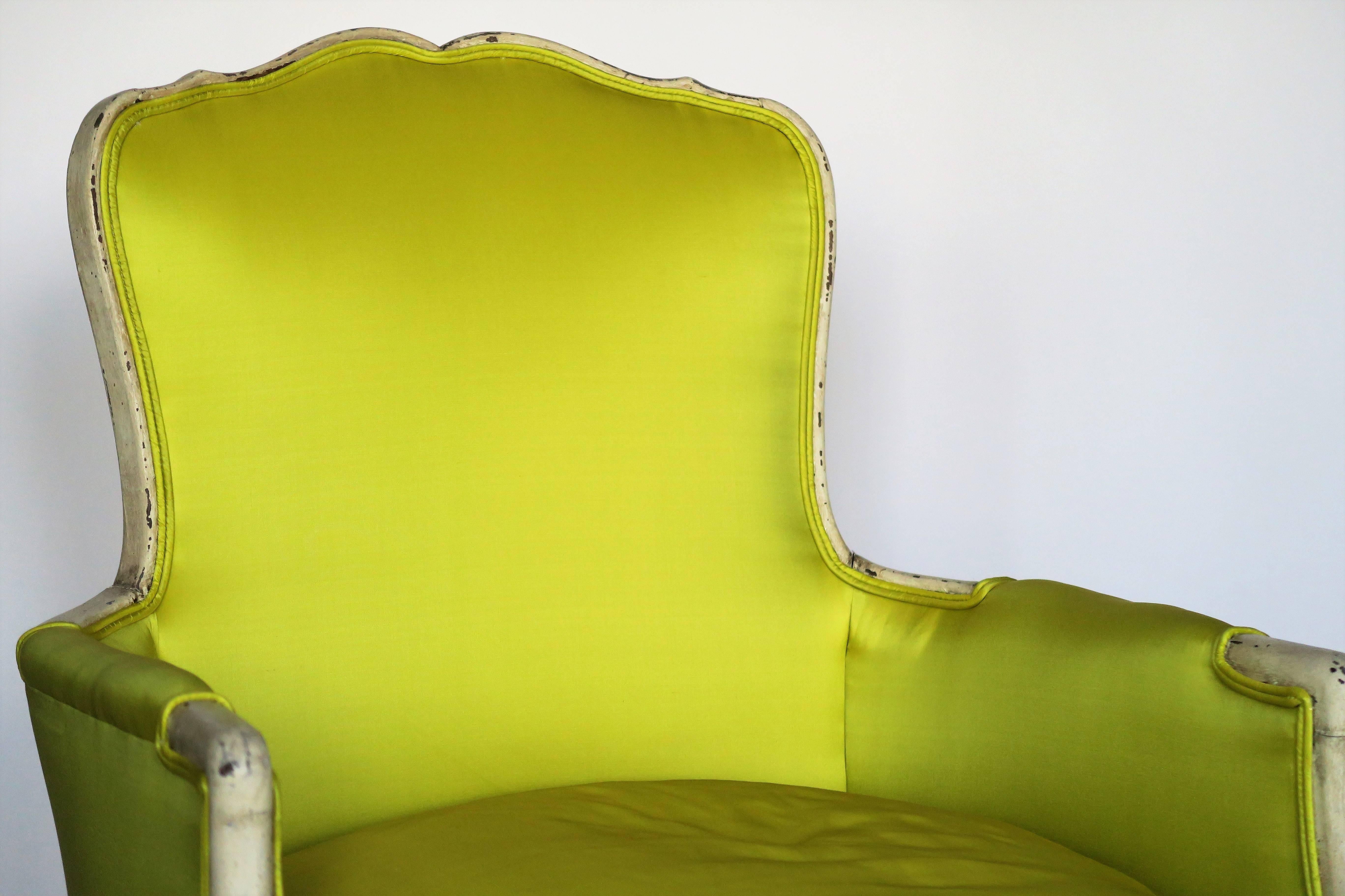 Pair of 19th Century Louis XV French Bergeres Chairs in Chartreuse Silk Fabric 2