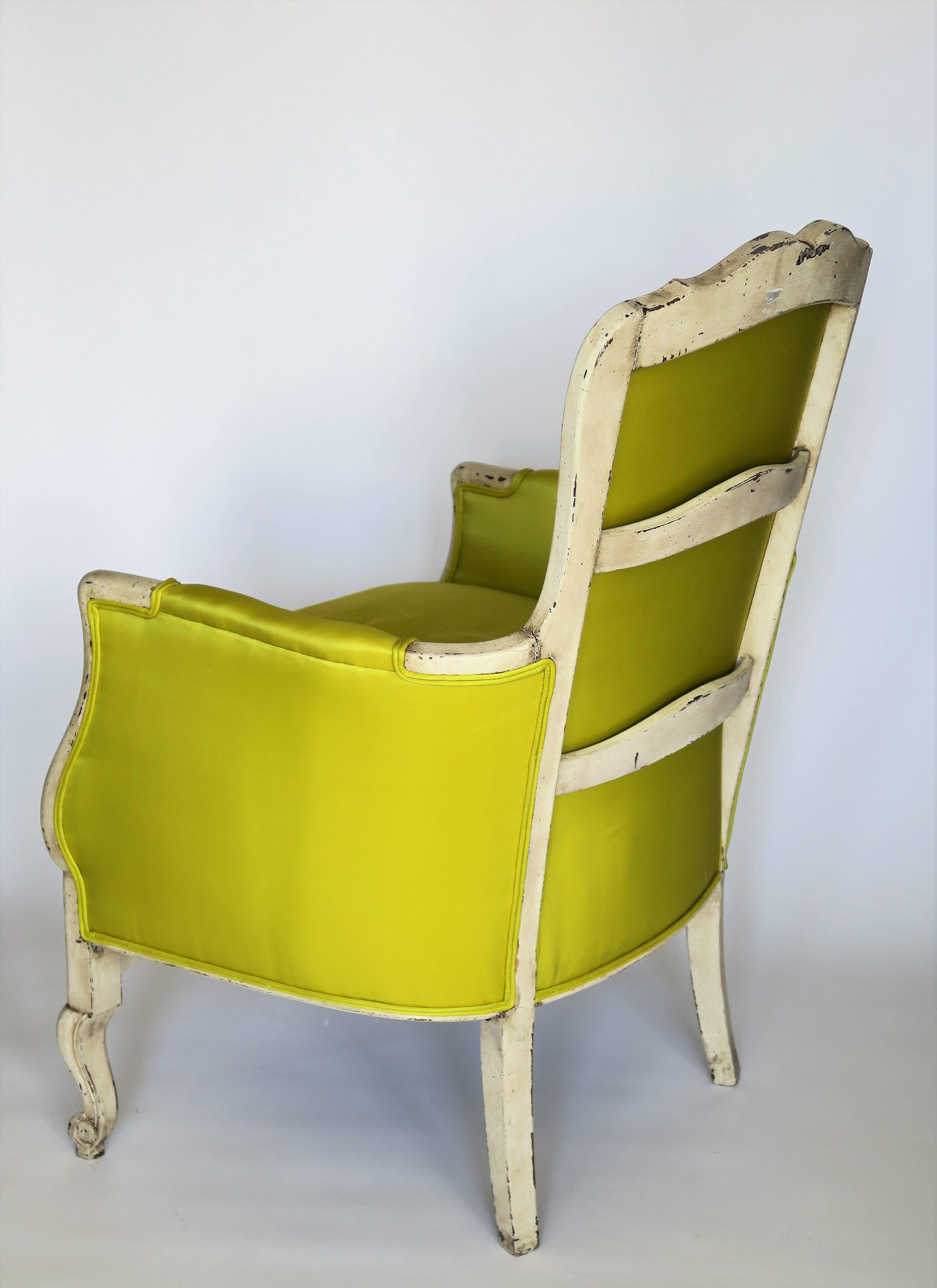 Pair of 19th Century Louis XV French Bergeres Chairs in Chartreuse Silk Fabric 6