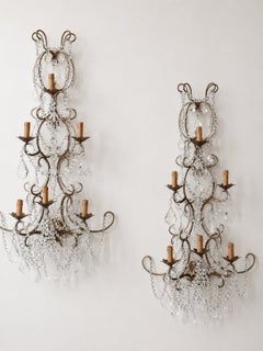 Pair of Italian Beaded Crystal Sconces in Antique Gold Frame, Italy