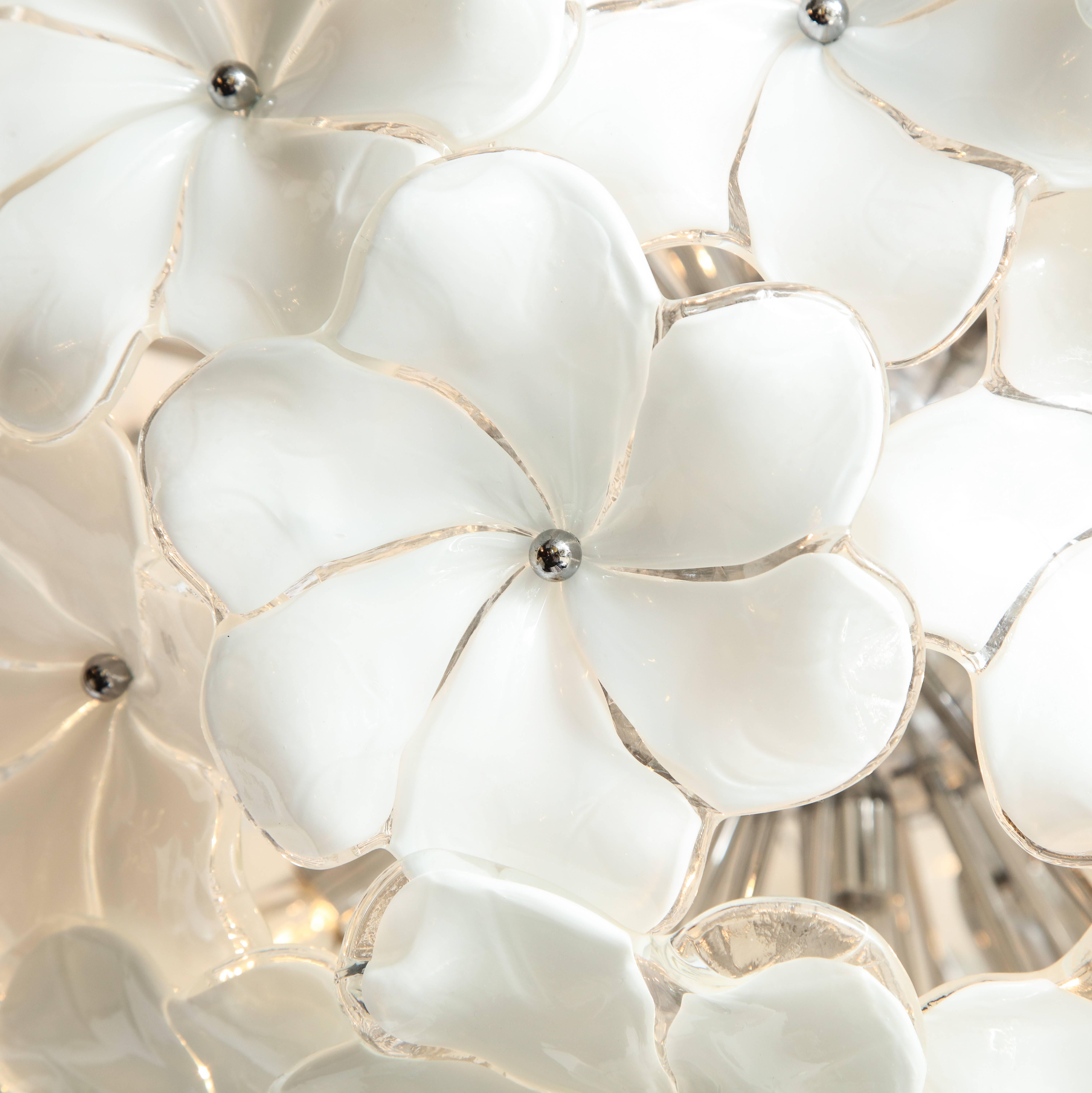 Hand-Crafted Italian Mid-Century Modern Murano Glass White Floral Sputnik or Globe Chandelier