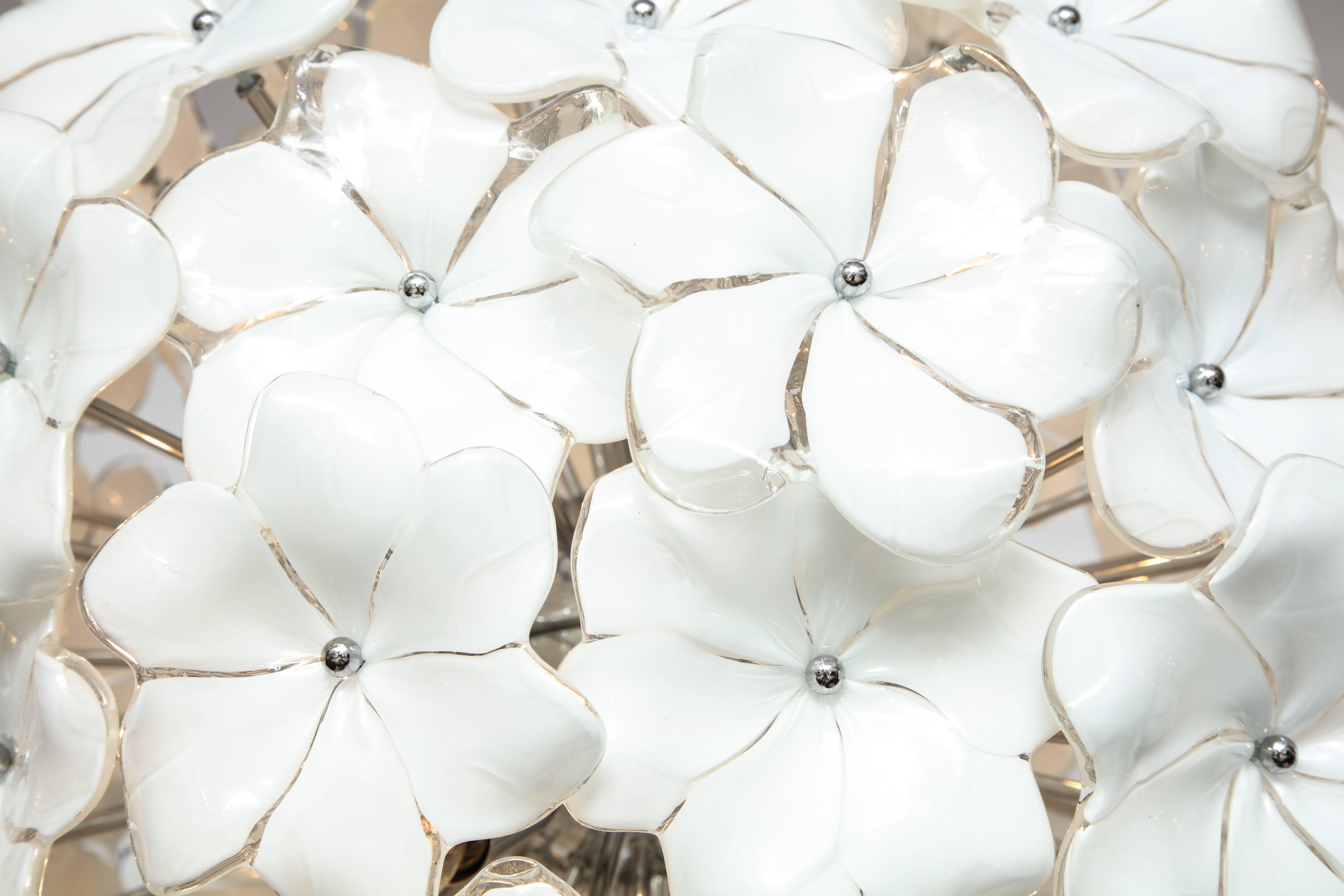 Italian Mid-Century Modern Murano Glass White Floral Sputnik or Globe Chandelier 1