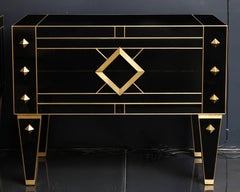 One of a Kind Signed Pair of Black Glass and Brass Chests of Drawers/Nightstands