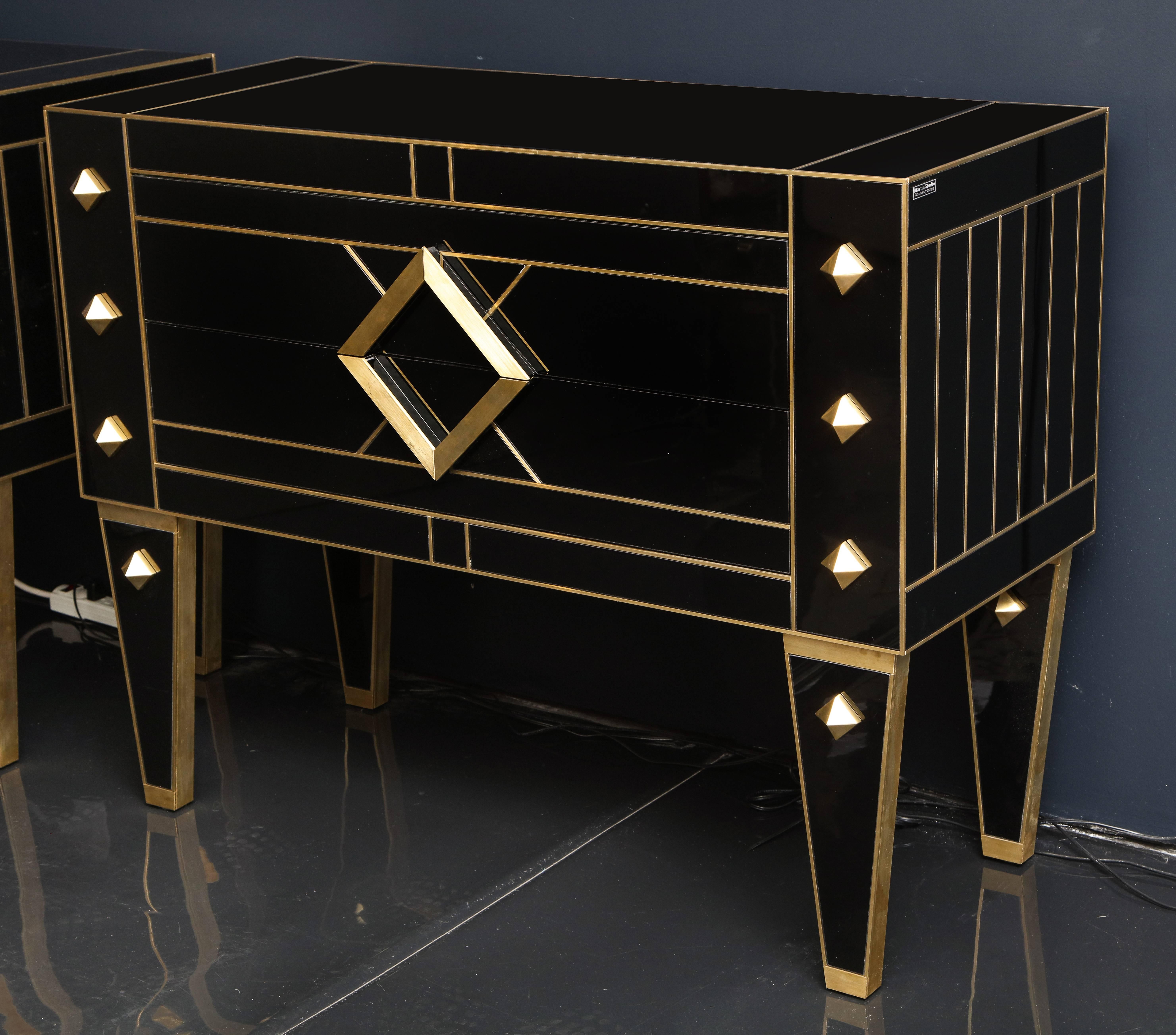 Hand-Crafted One of a Kind Signed Pair of Black Glass and Brass Chests of Drawers/Nightstands