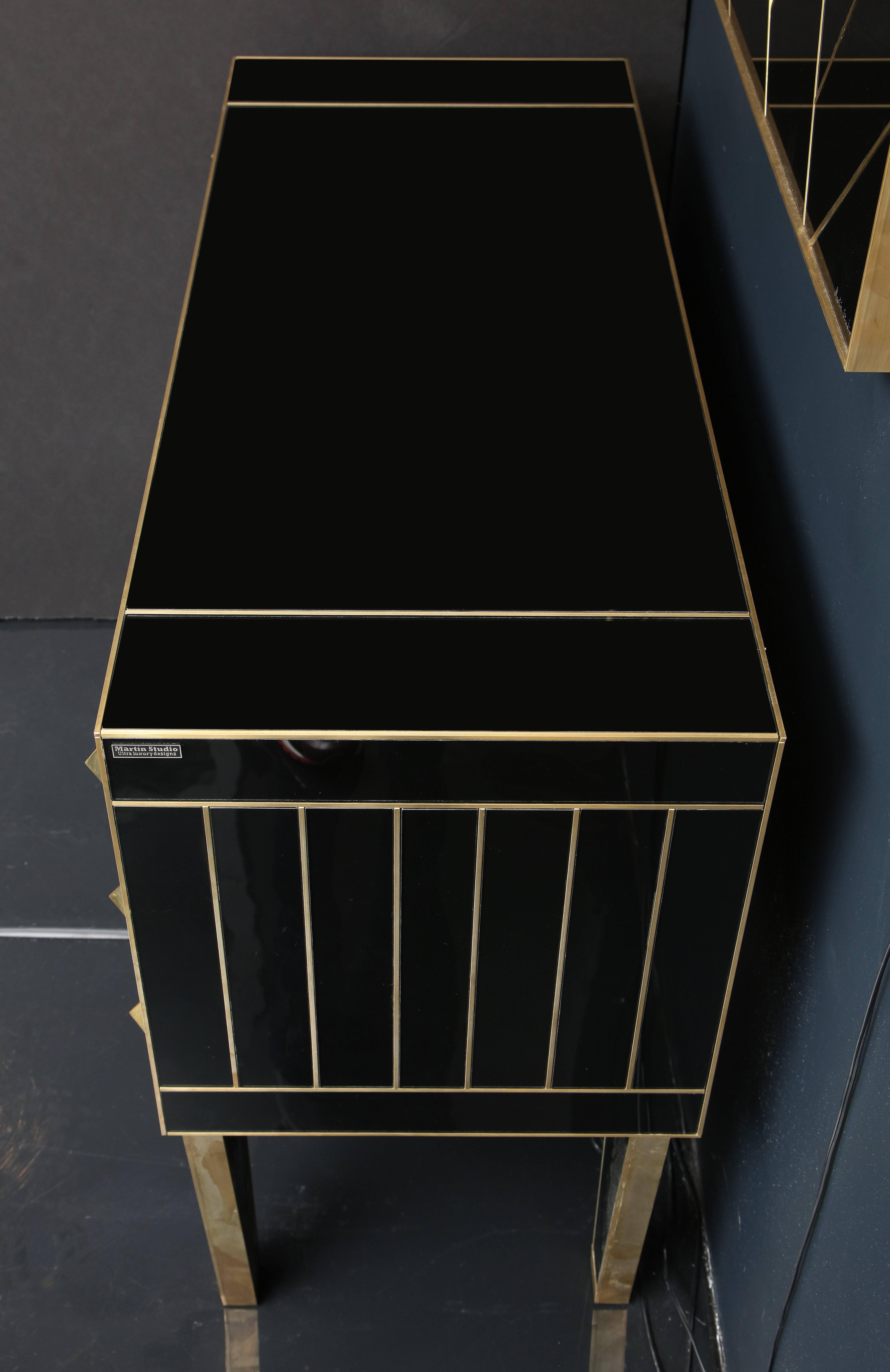 One of a Kind Signed Pair of Black Glass and Brass Chests of Drawers/Nightstands In Excellent Condition In New York, NY