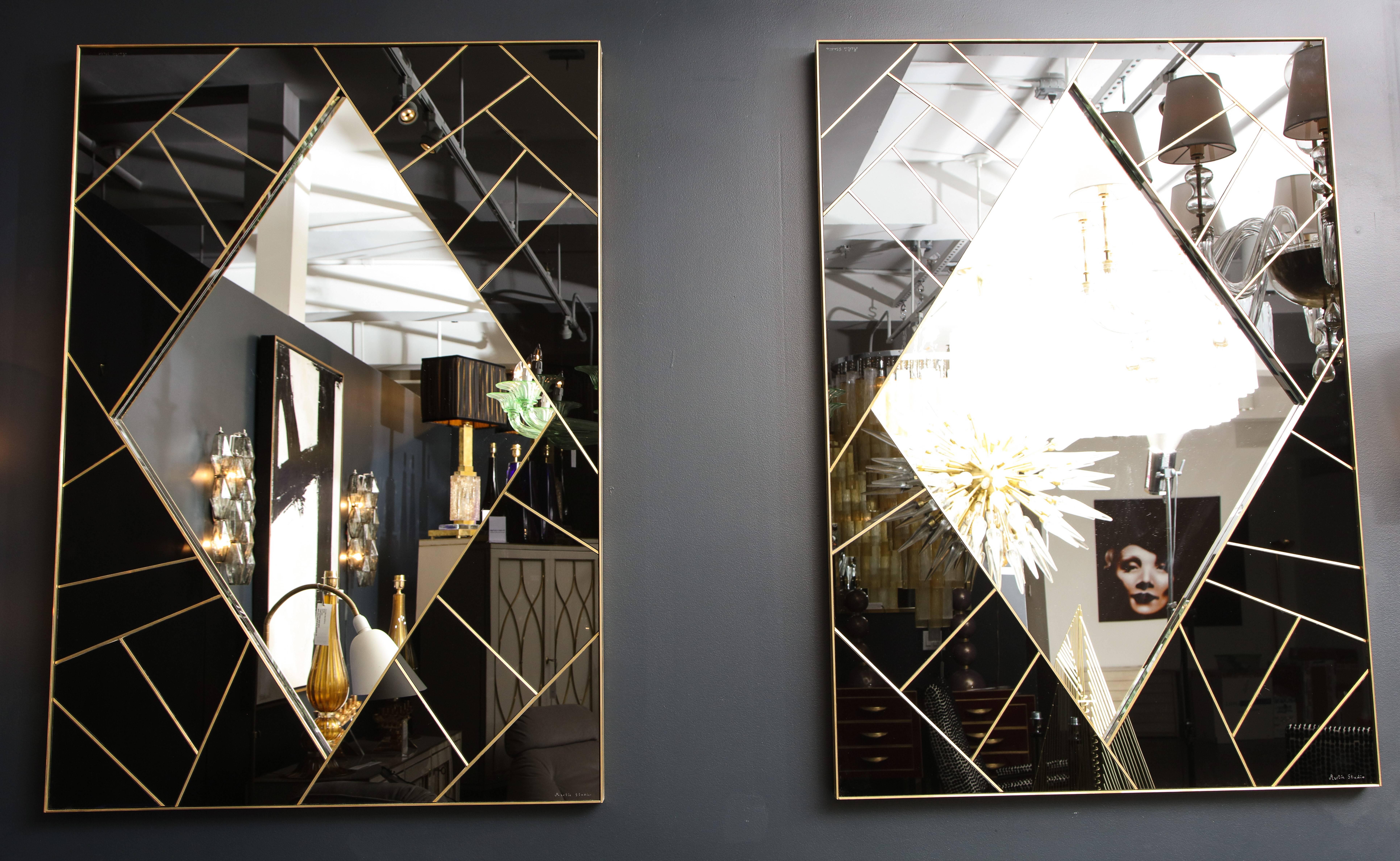 Pair of One of Kind Black Glass and Brass Mirrors, Signed 1